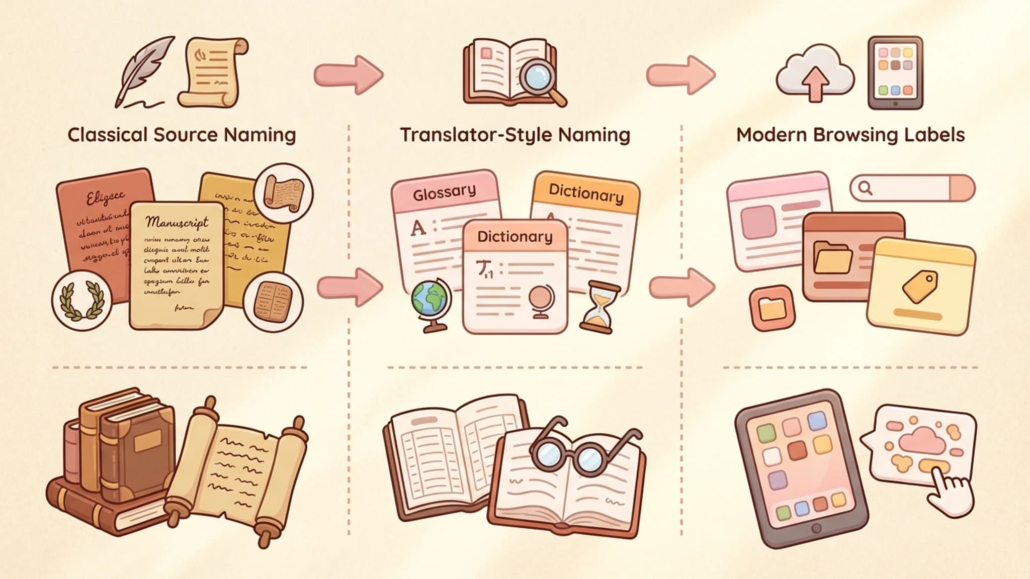 Editorial illustration comparing classical names, translator labels, and modern friendly names