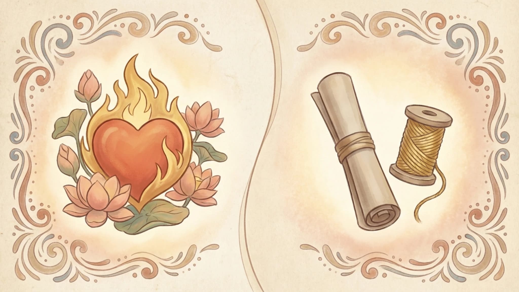 Cute glossary-style illustration contrasting kama as desire with sutra as a guiding thread