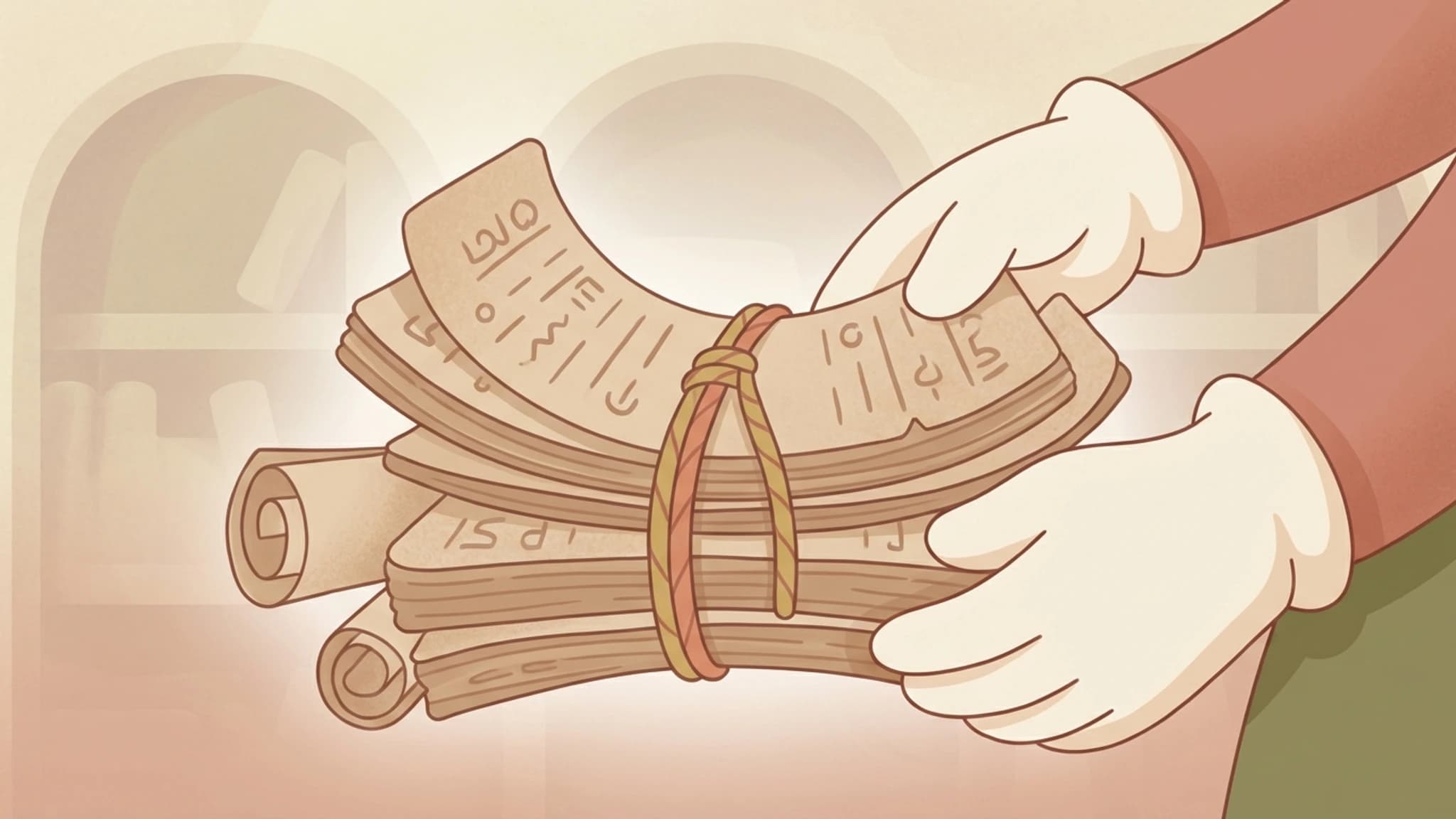 Cute editorial illustration of hands organizing older manuscripts into one compiled text