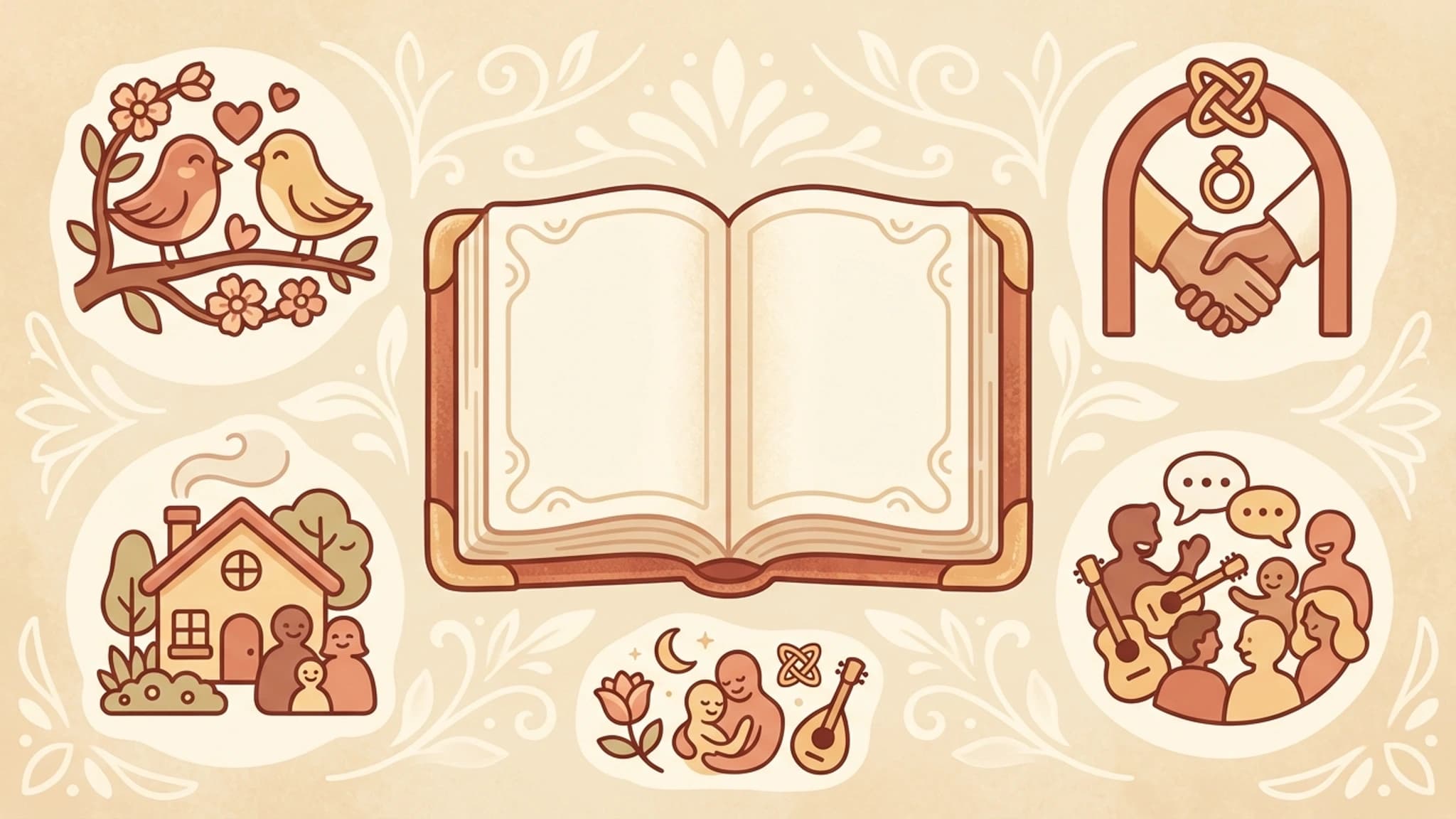 Cute infographic-style illustration showing the Kama Sutra covers courtship, marriage, social life, and only partly positions