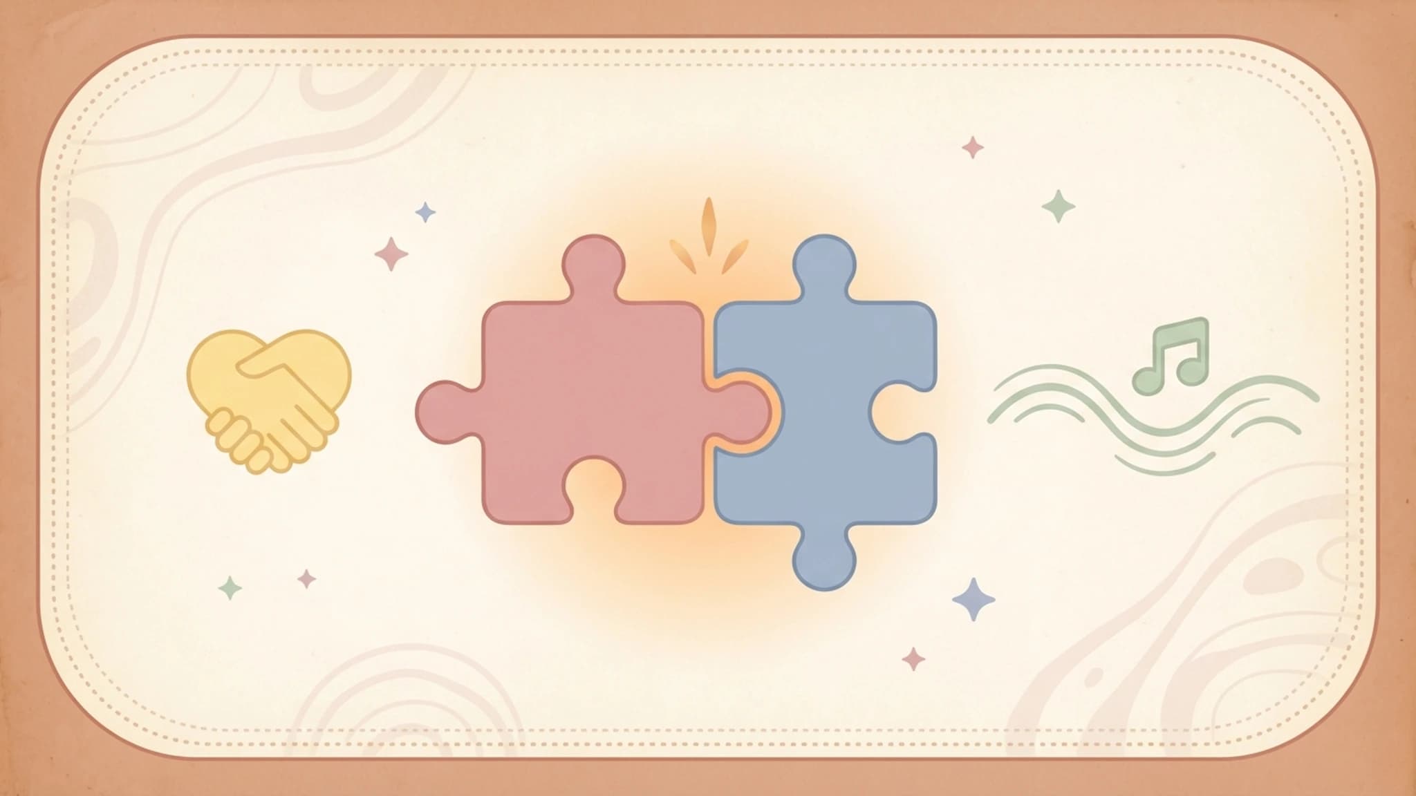 Cute compatibility illustration showing puzzle pieces, touch, and rhythm rather than explicit poses