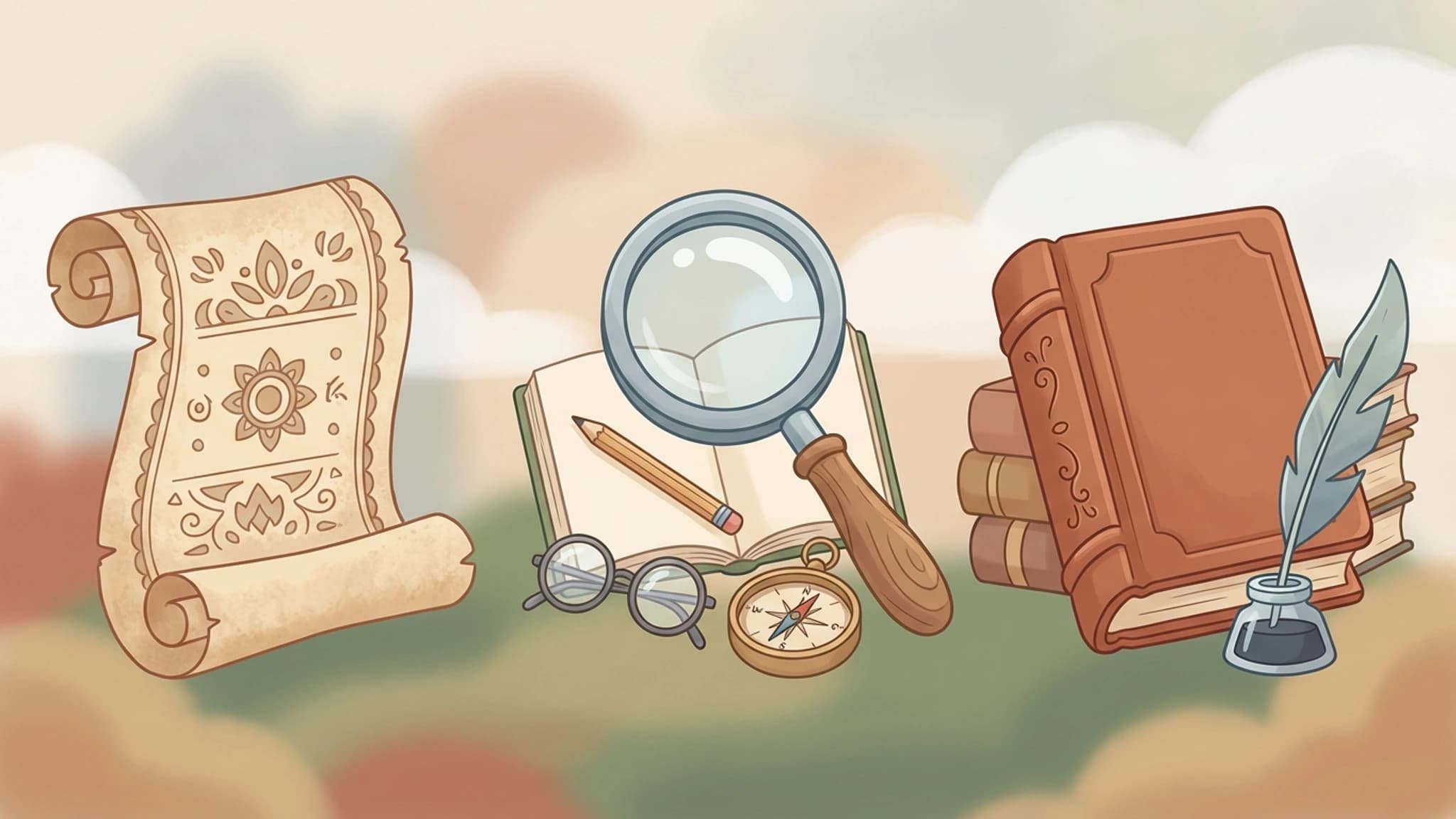 Cute translation-history illustration showing a Sanskrit manuscript reaching English readers through Victorian-era study