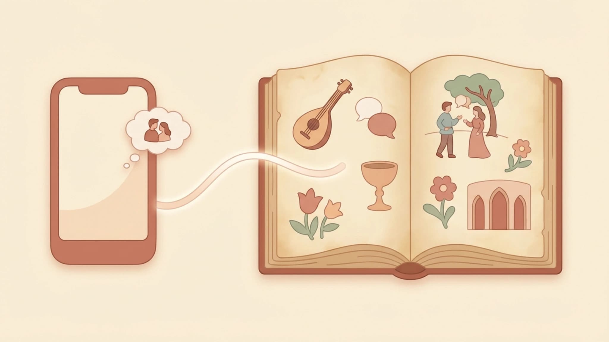 Cute modern illustration showing pop-culture simplification overshadowing the real historical text