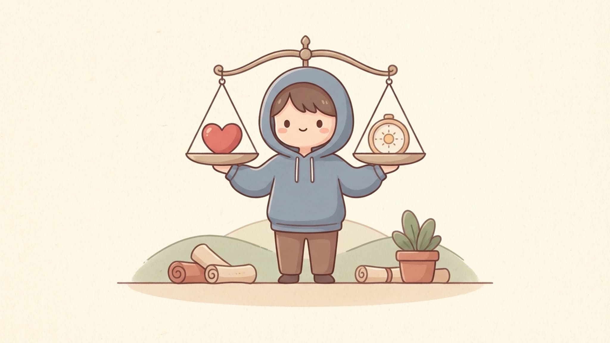Cute reflective illustration showing pleasure as one balanced part of a thoughtful life