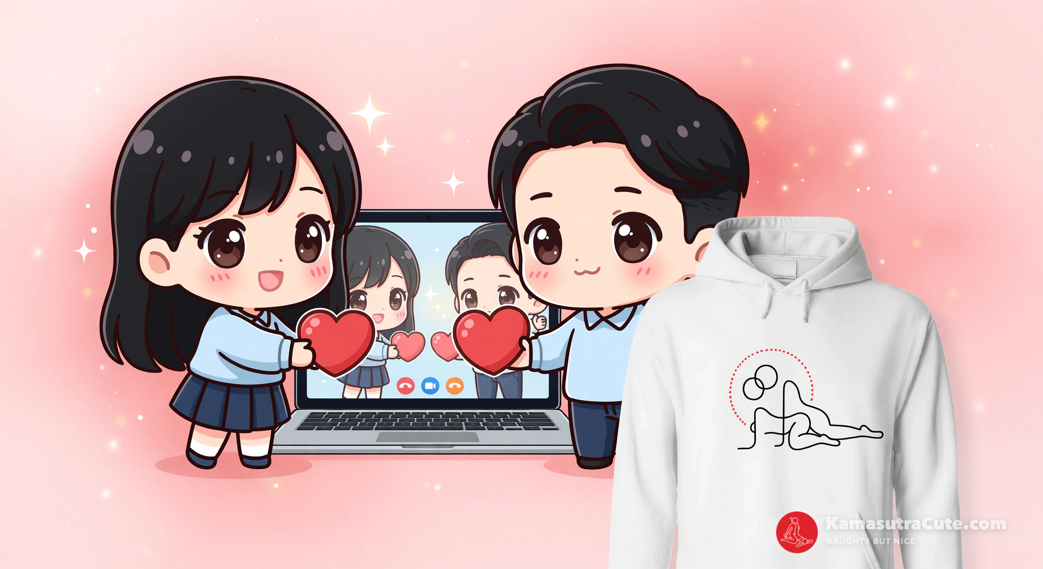 Long-distance couple in Kamasutra Cute hoodies celebrating anniversary with virtual surprises.