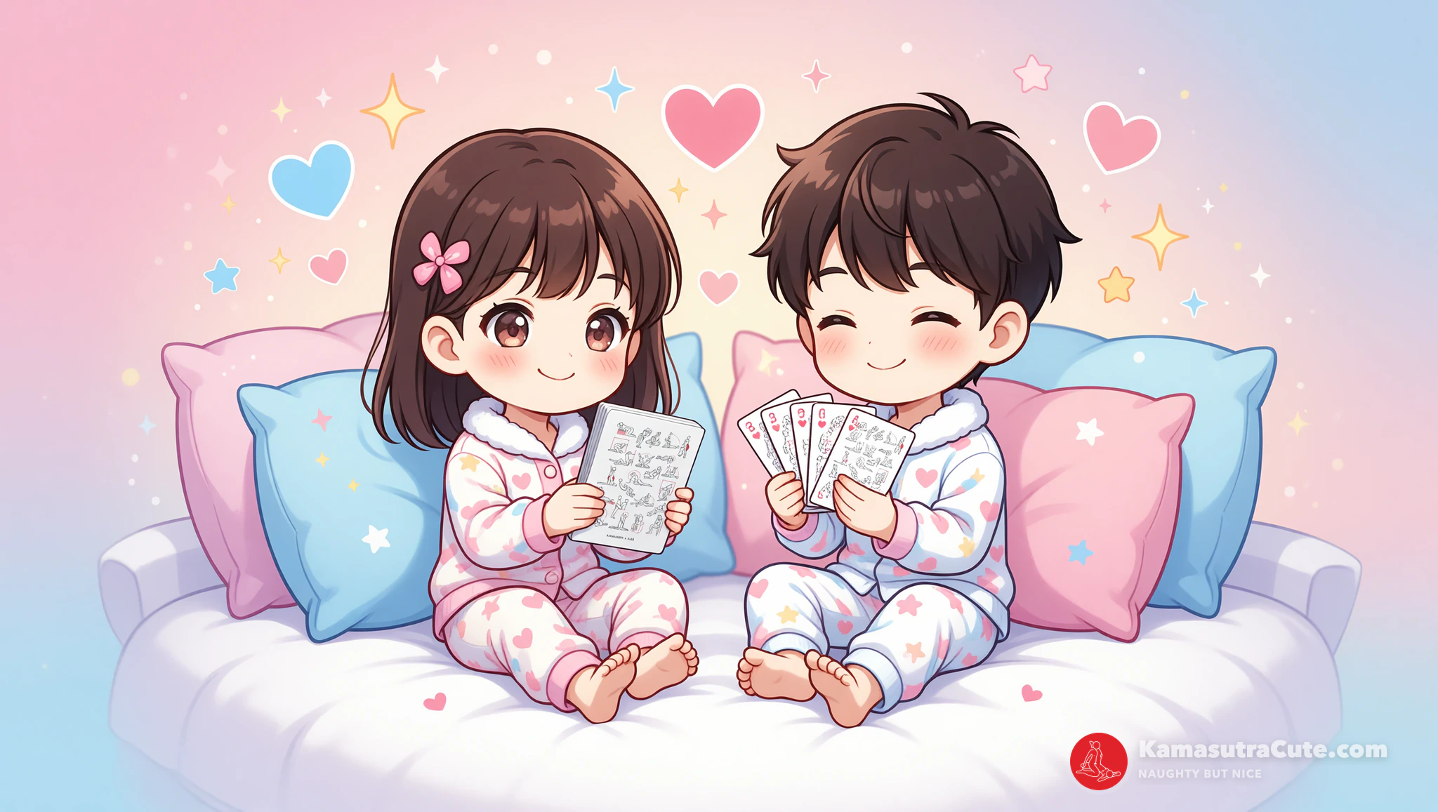 Couple playing spicy co-op games like Twister and Kamasutra poker at home.