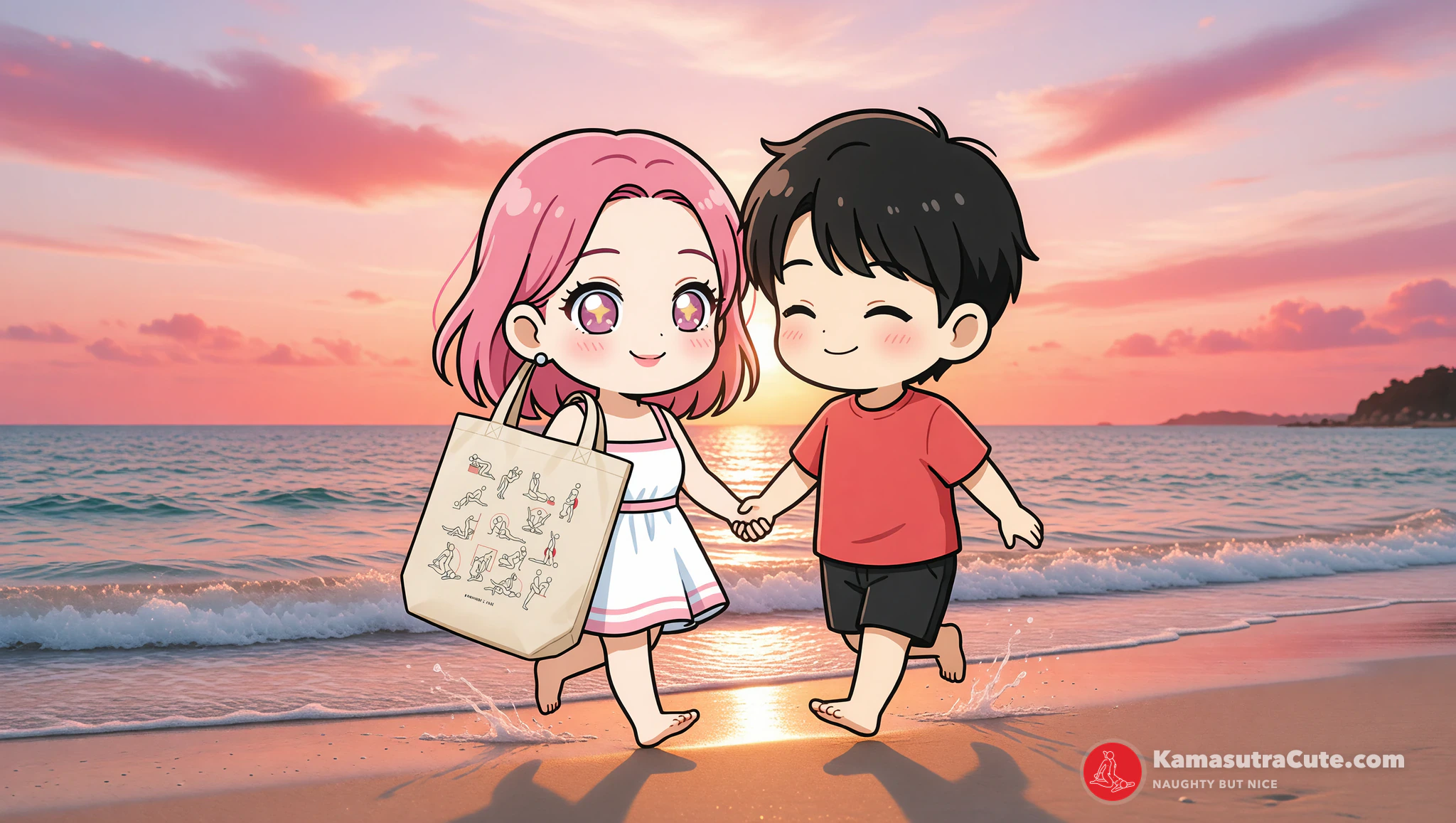 Couple on beach date with Kamasutra Cute Eco Tote Bag, teasing foreplay activities.
