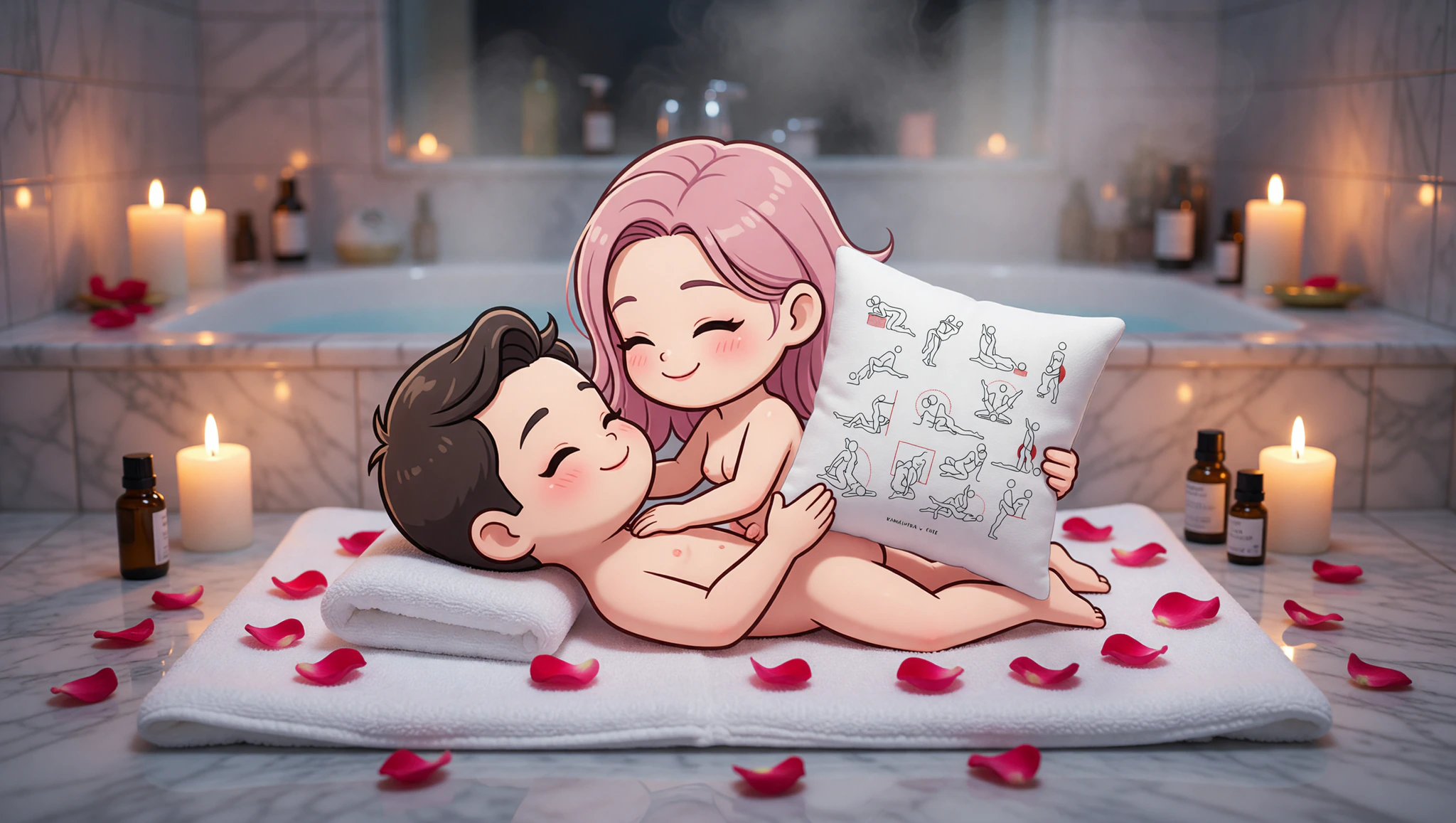 Man and woman in 69 on spa towel amid candles and steam.