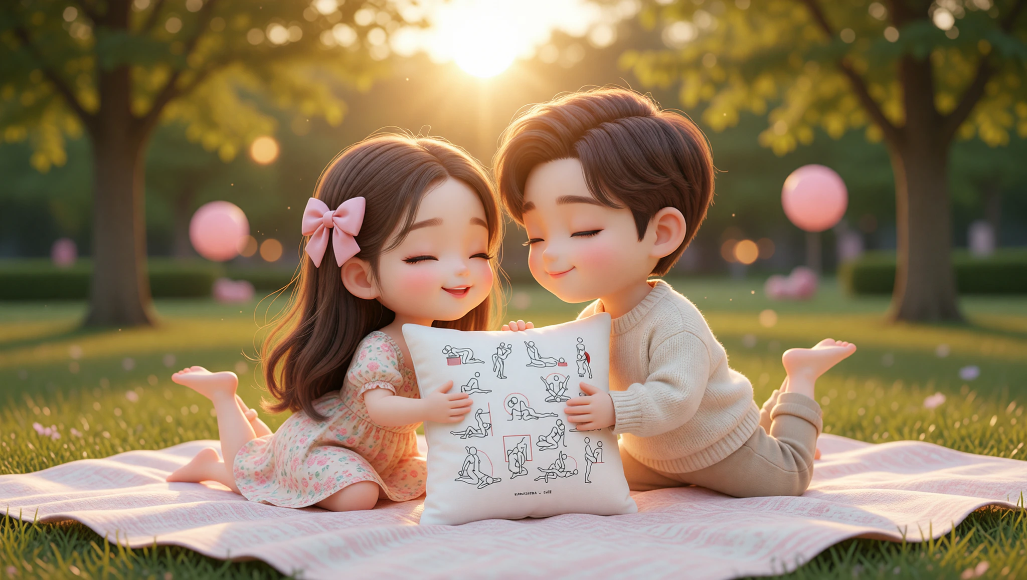 Couple in 69 position on bed with pillows in a comfortable home setting