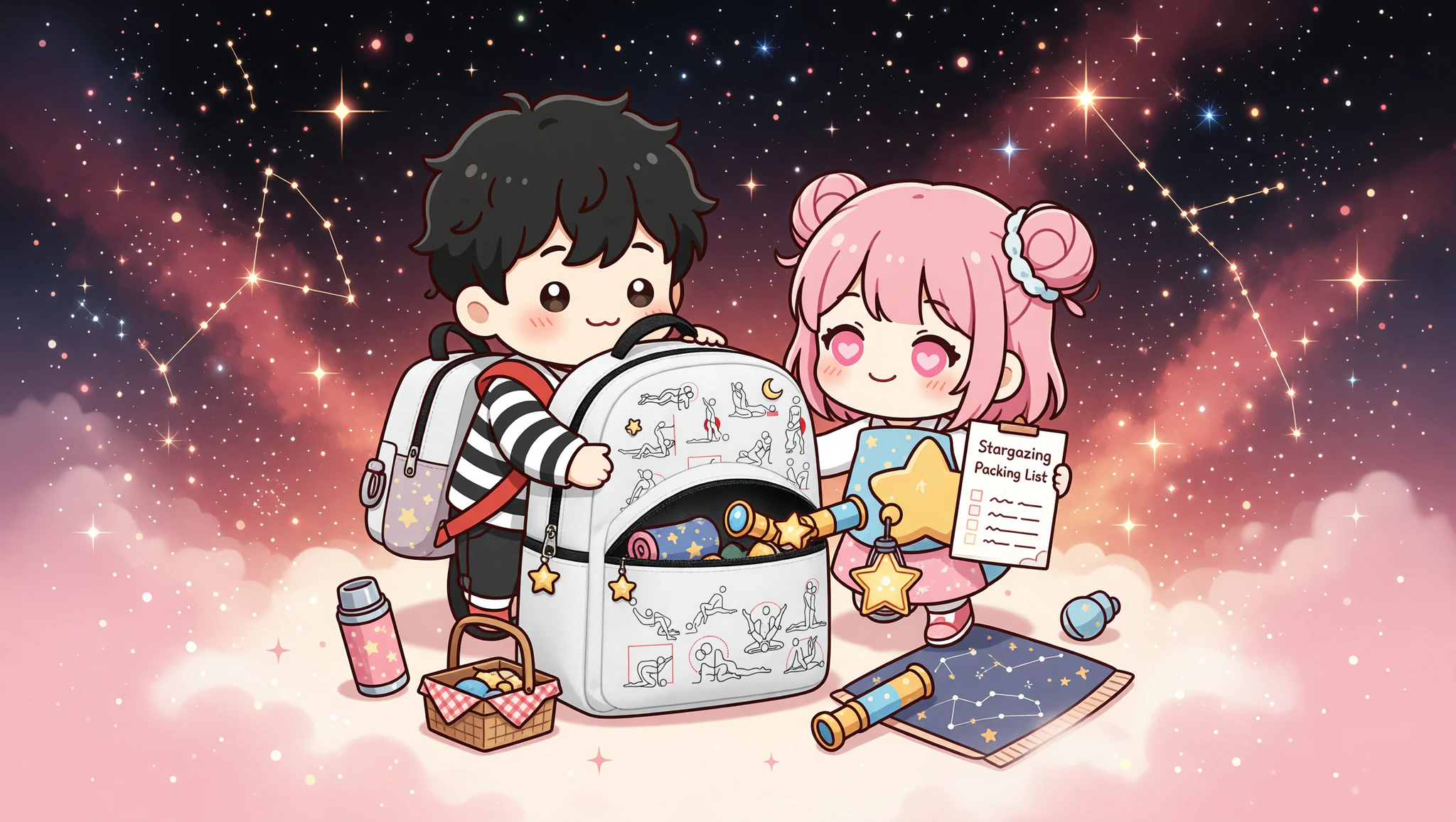 Couple on starry coastal cliff retreat with backpack essentials