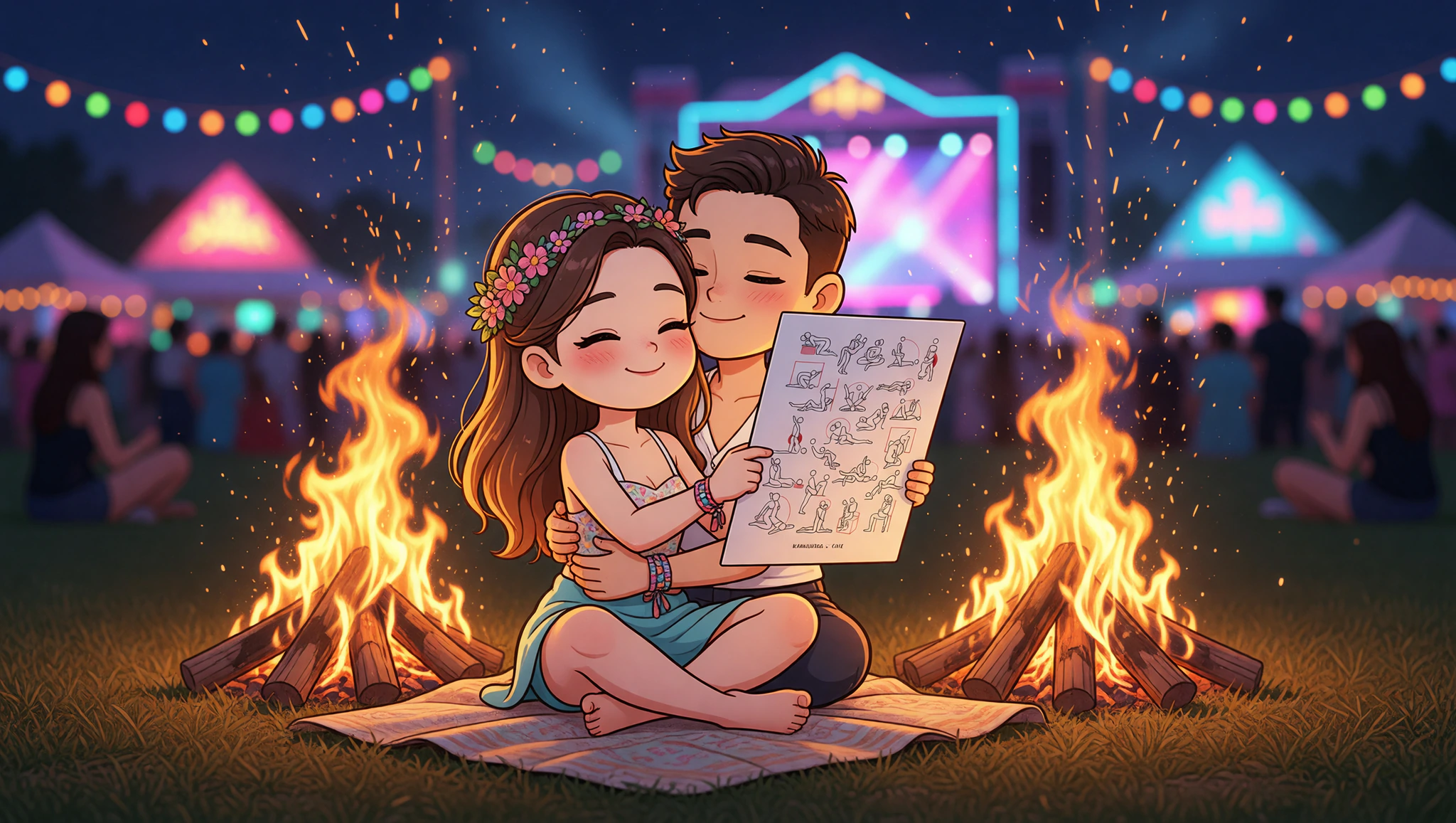 Ein verliebtes Paar umarmt sich leidenschaftlich in Kamasutra-Pose am knisternden Lagerfeuer auf einem Festival.