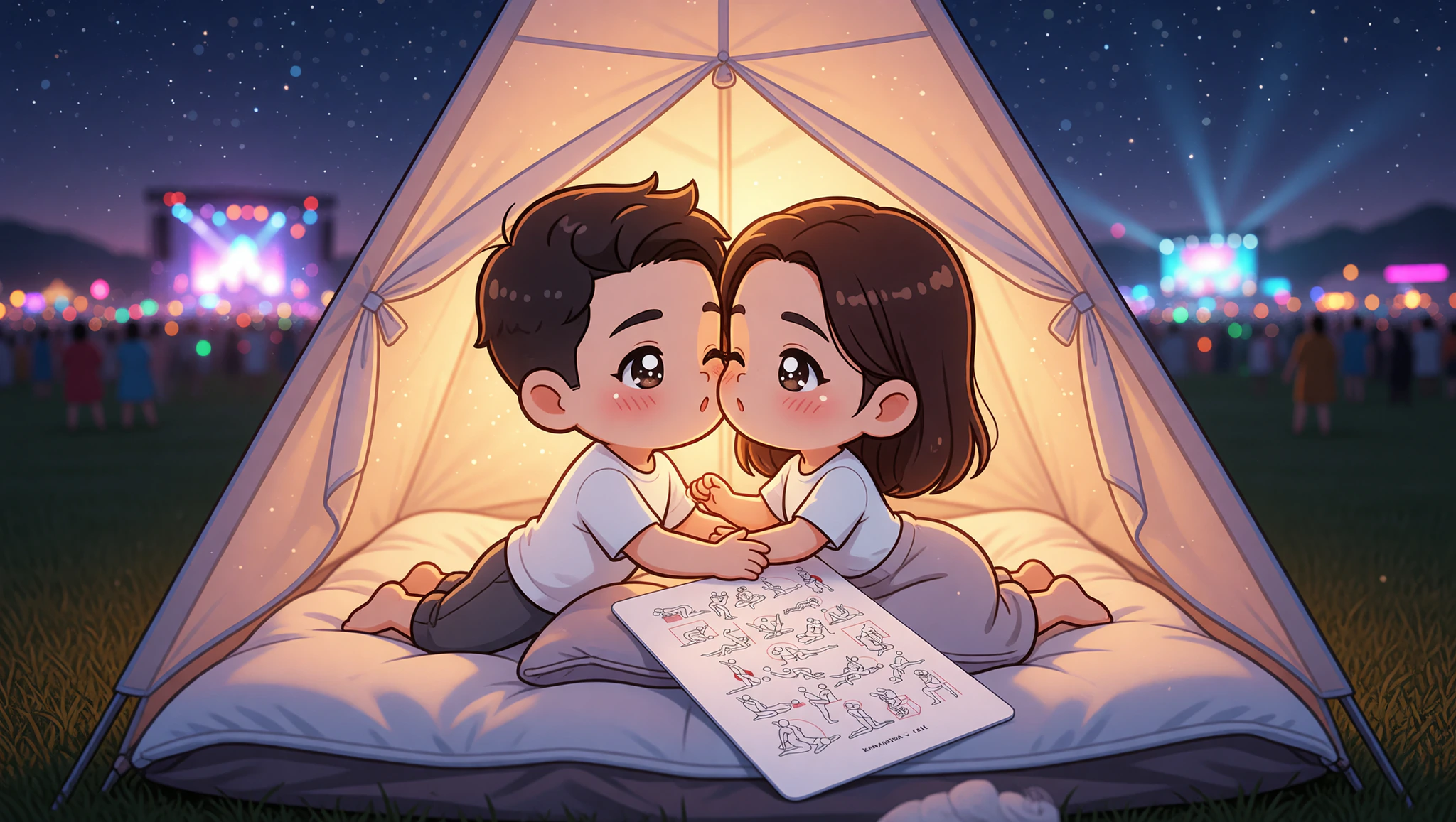 Ein verliebtes Paar genießt die Missionarsstellung im leuchtenden Festivalzelt unter Sternen und Lichtern.