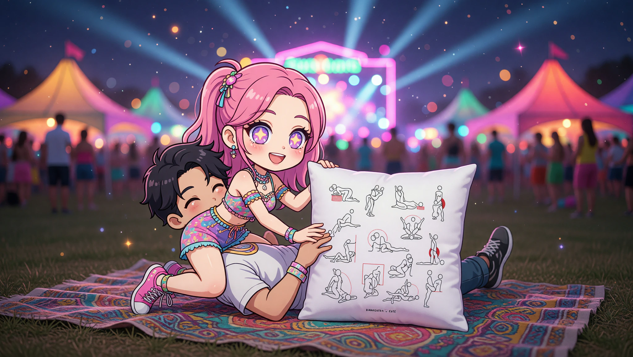 A man and woman passionately embracing in a steamy festival sex position under starry festival lights.