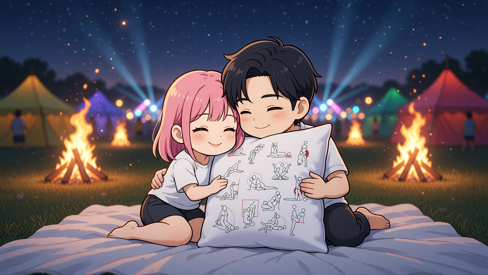 Man and woman cuddling intimately in a spoon position during a starry festival night.