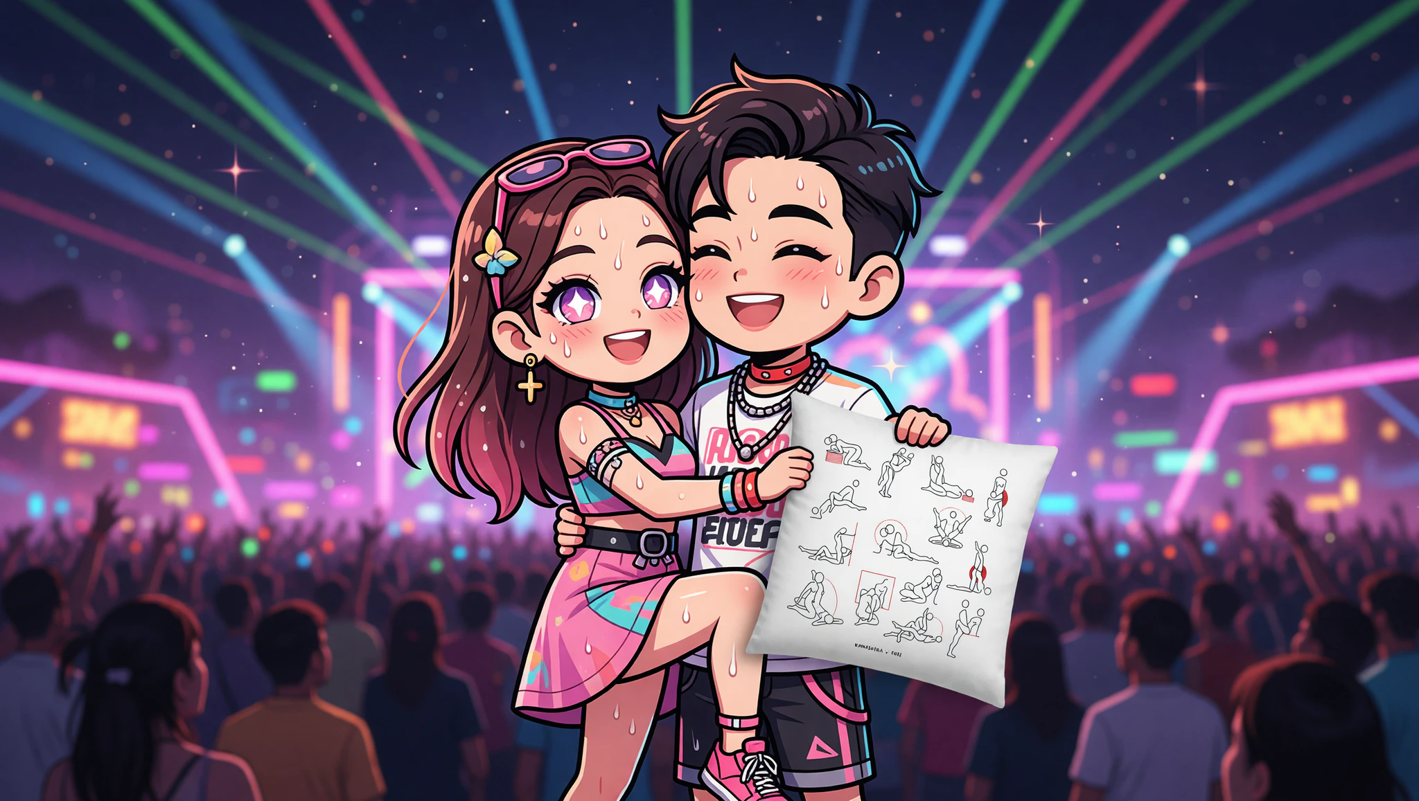 Heterosexual couple passionately embracing in a festival position under vibrant night lights and crowd energy.