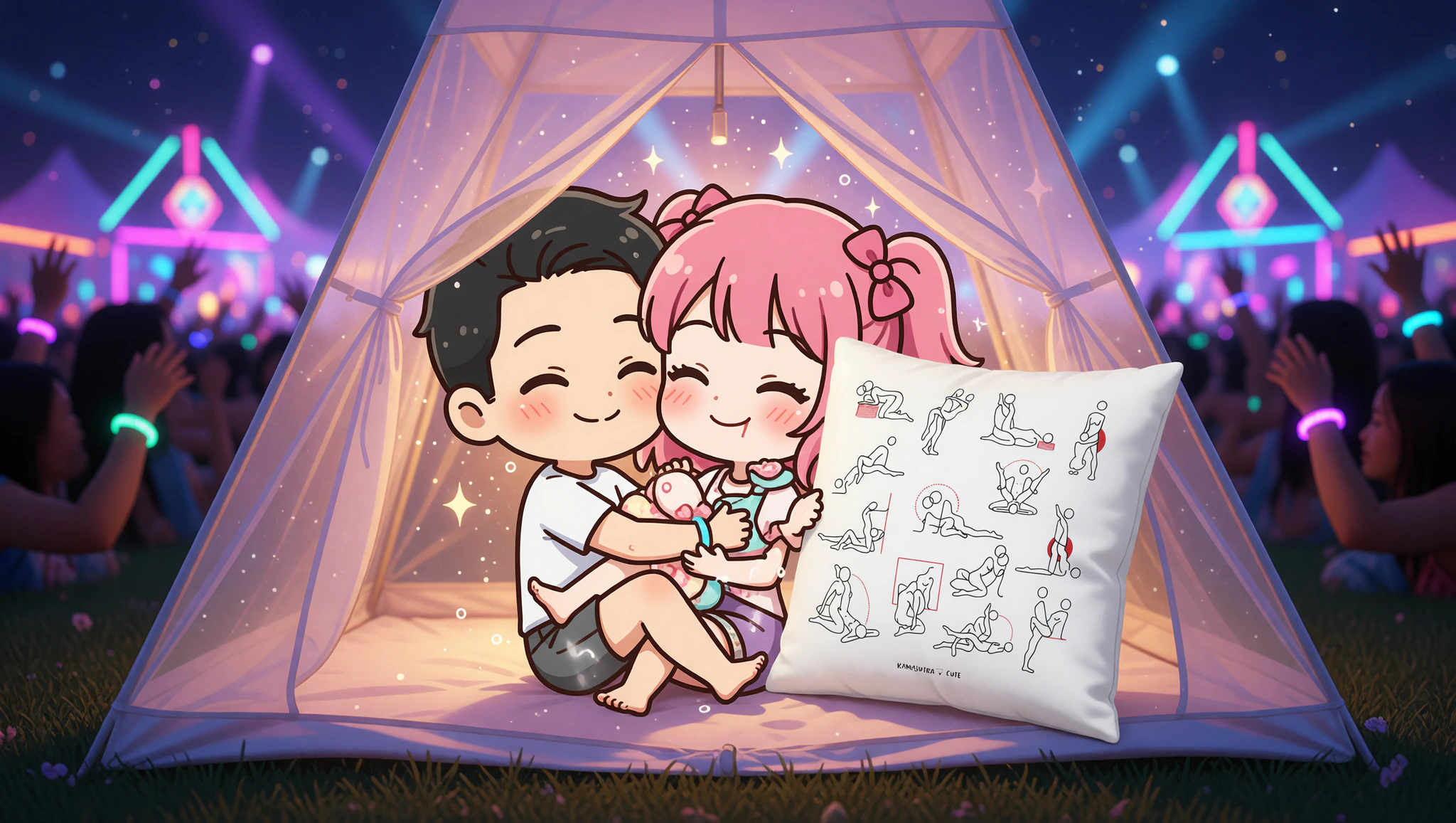 Ein verliebtes Paar in intimer Pose im Zelt auf einem Festival unter Mondlicht.