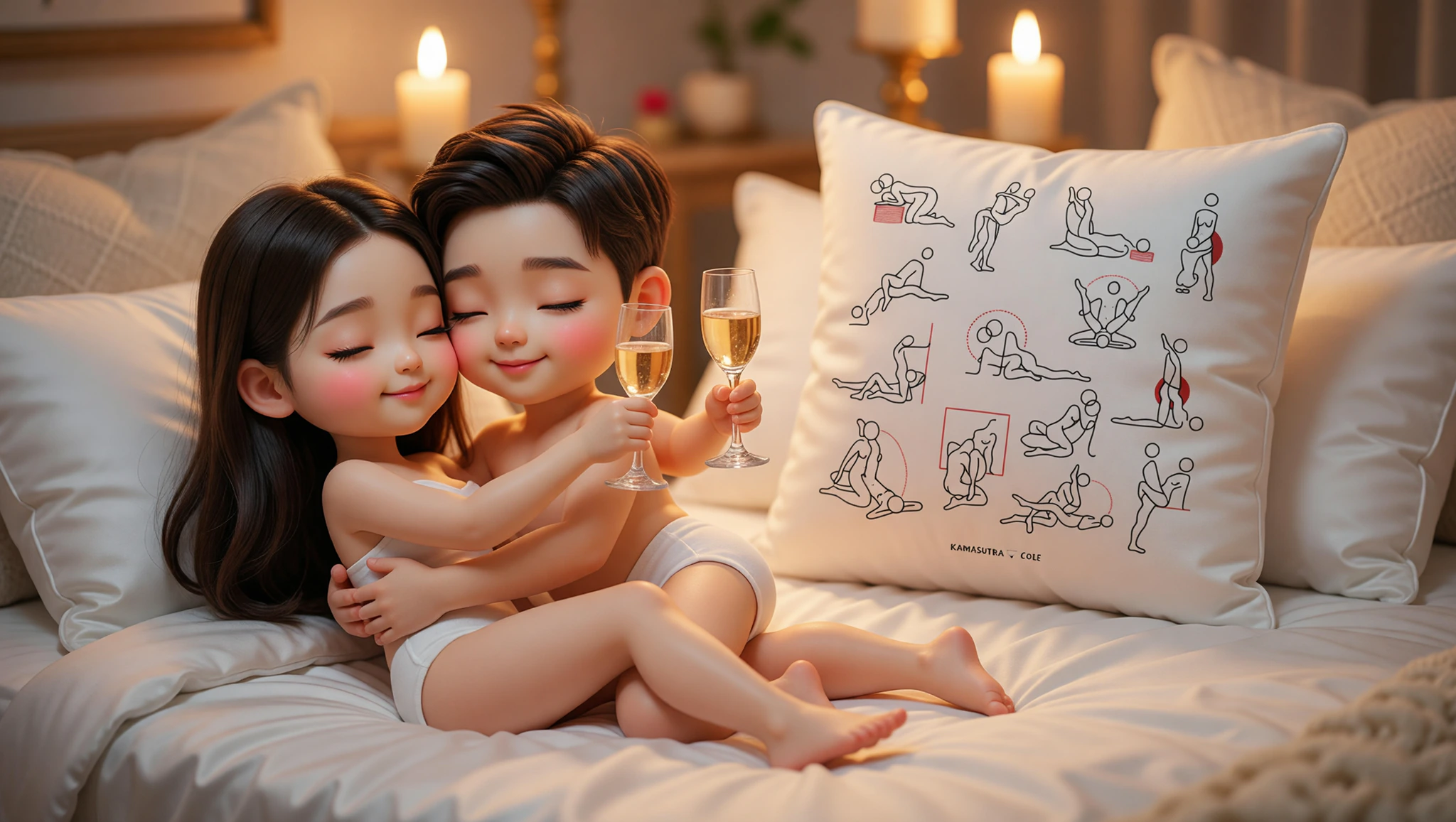 Pareja heterosexual brindando copas de champagne en un abrazo pasional sobre la cama en celebración de aniversario.