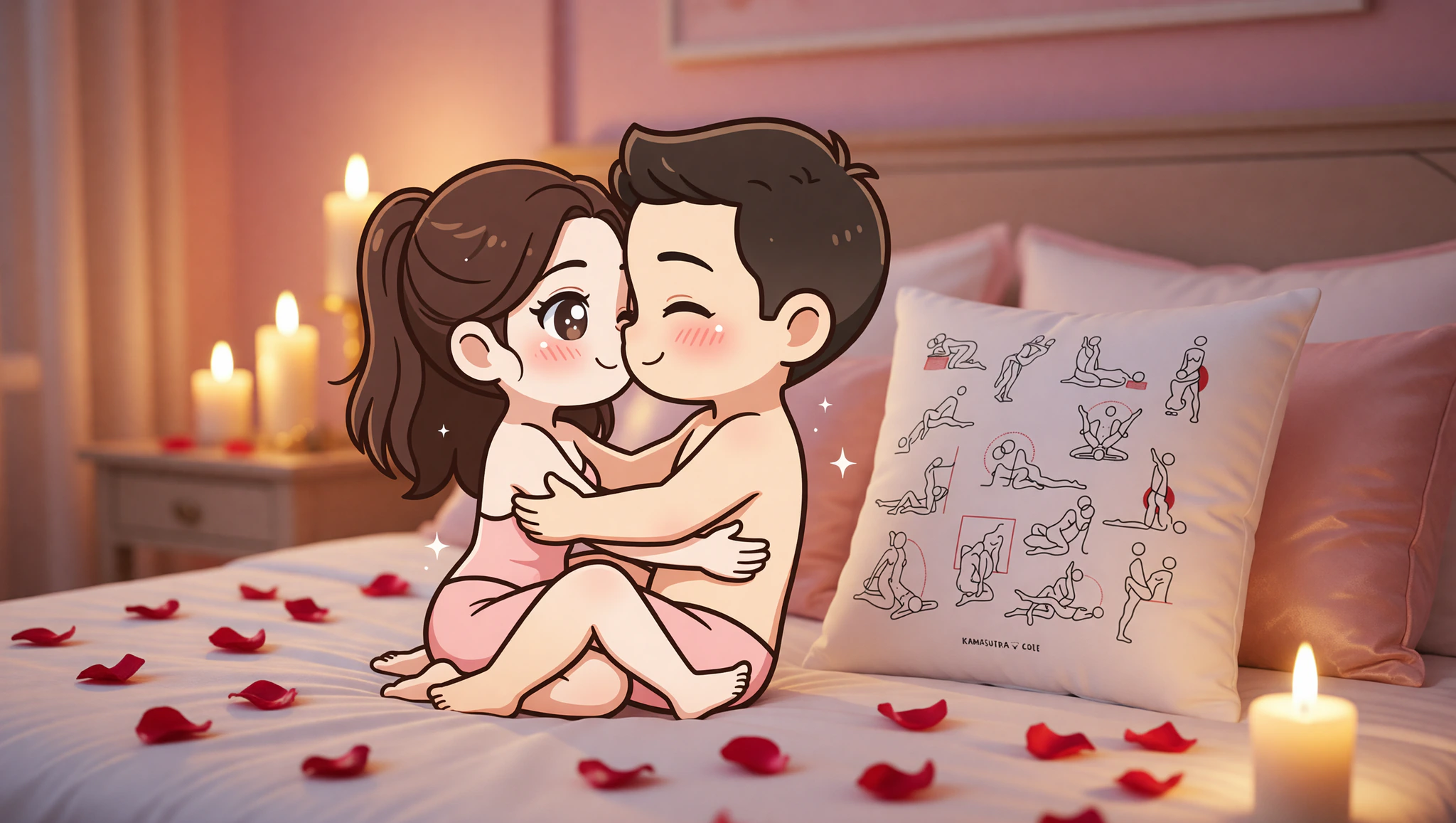 Loving man and woman entwined in Lotus position on anniversary night, surrounded by romantic ambiance.