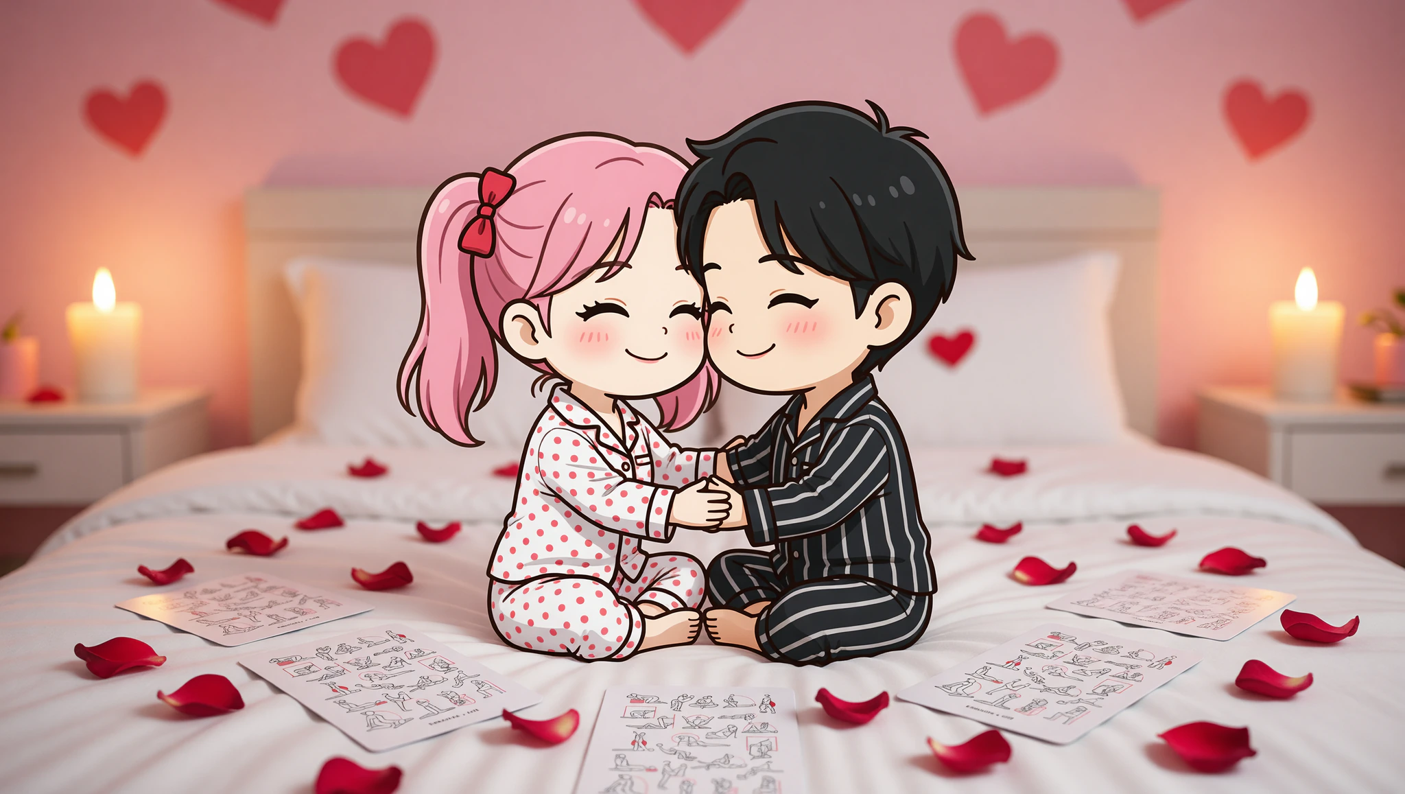 A loving man and woman couple entwined in a hot Kamasutra lotus pose surrounded by themed playing cards for annual surprises.