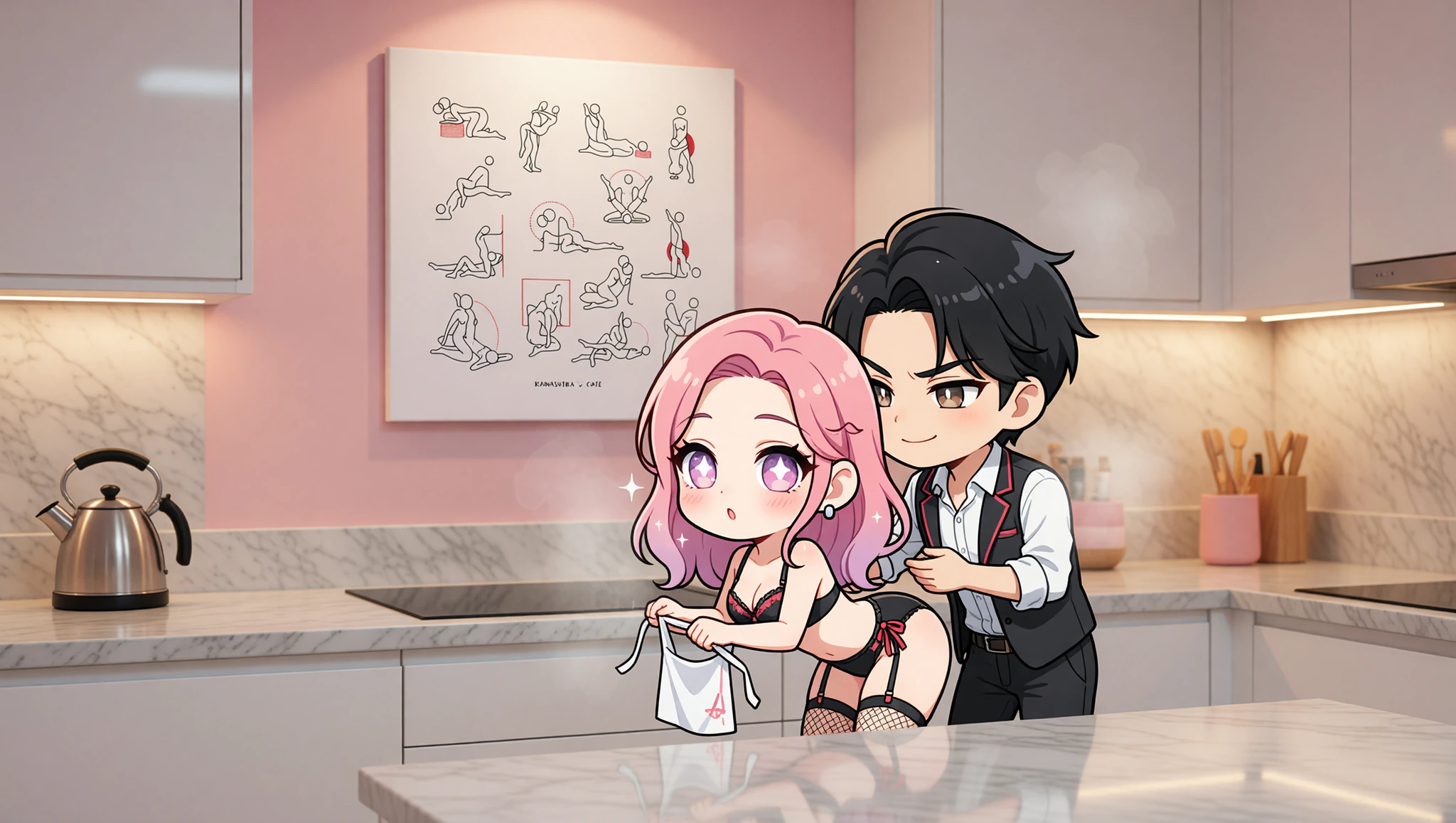 A passionate man and woman in a cozy kitchen, captured mid-apron drop into a flirty countertop Kamasutra pose.