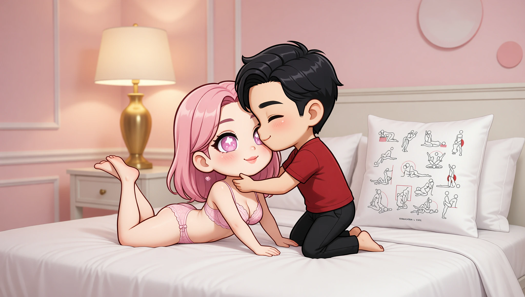 A man and woman in an elevated missionary sex position on a bed surrounded by bedroom decor.