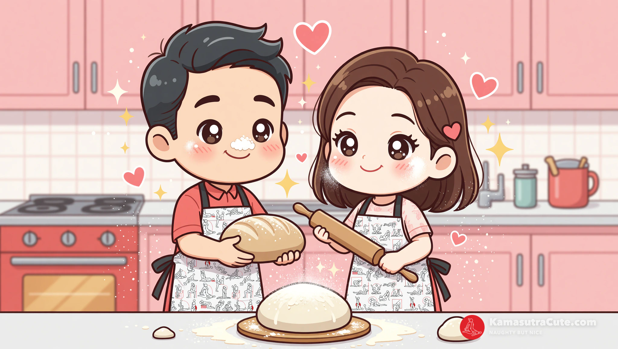 Flirty couple in Kamasutra Cute Aprons baking bread with kitchen romance vibes