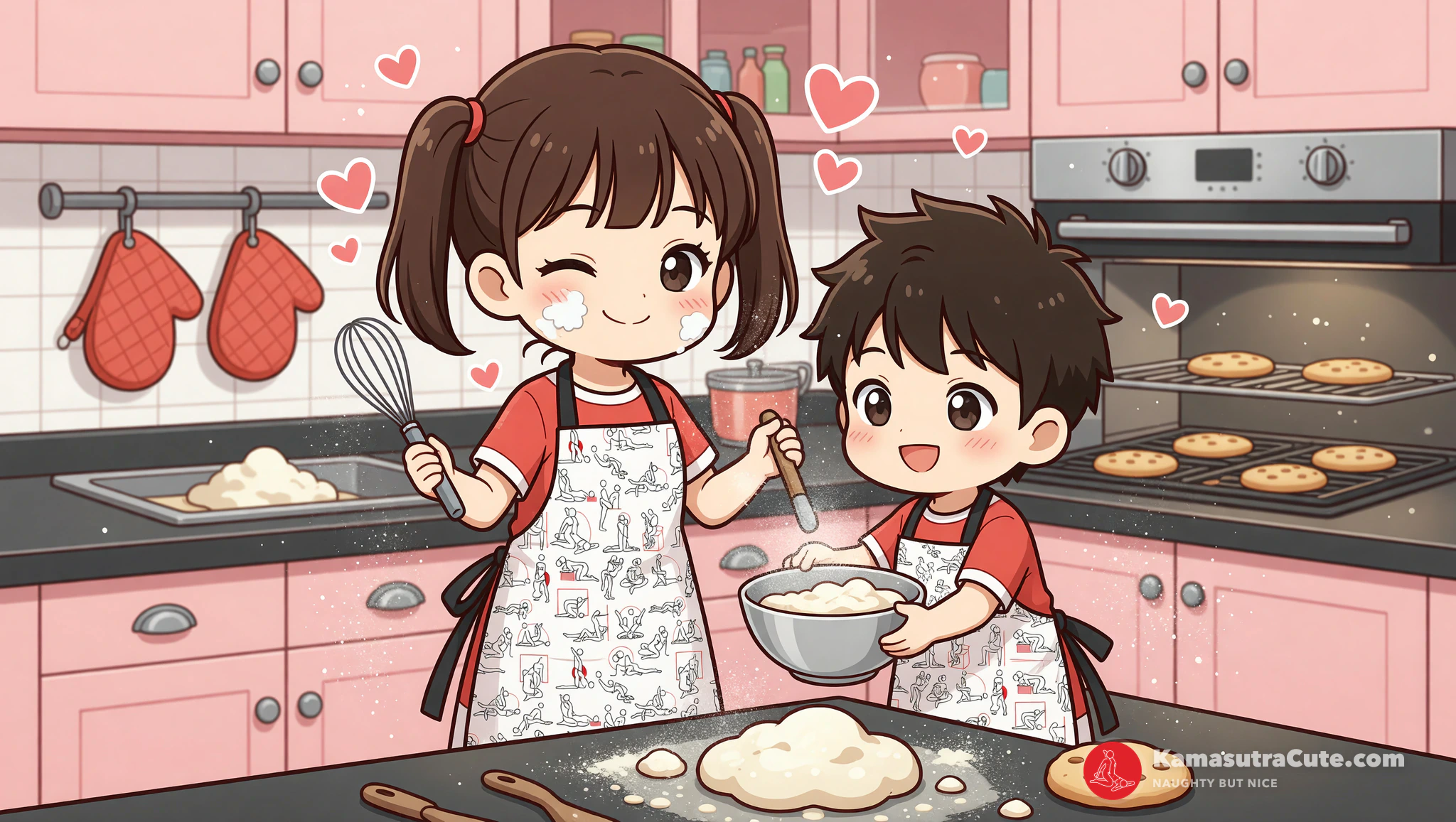 Man and woman naked baking in Kamasutra Cute aprons amid kitchen chaos.