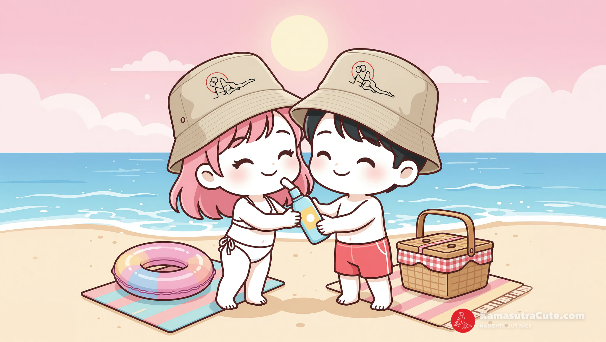 Playful couple rocking beach essentials like Kamasutra Cute organic bucket hats.