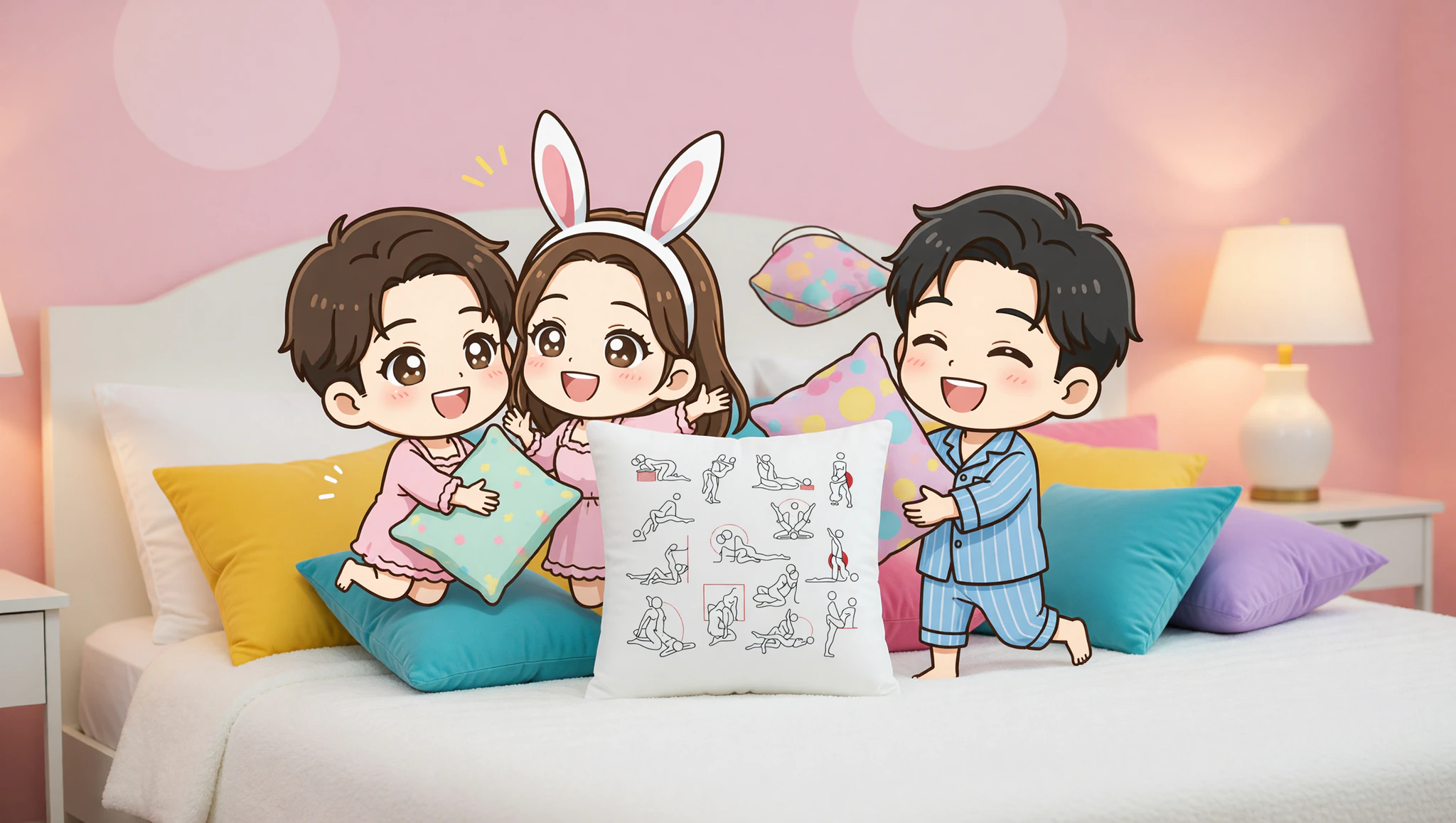 Playful couple enjoying stylish pillow tease games in a cozy bedroom.