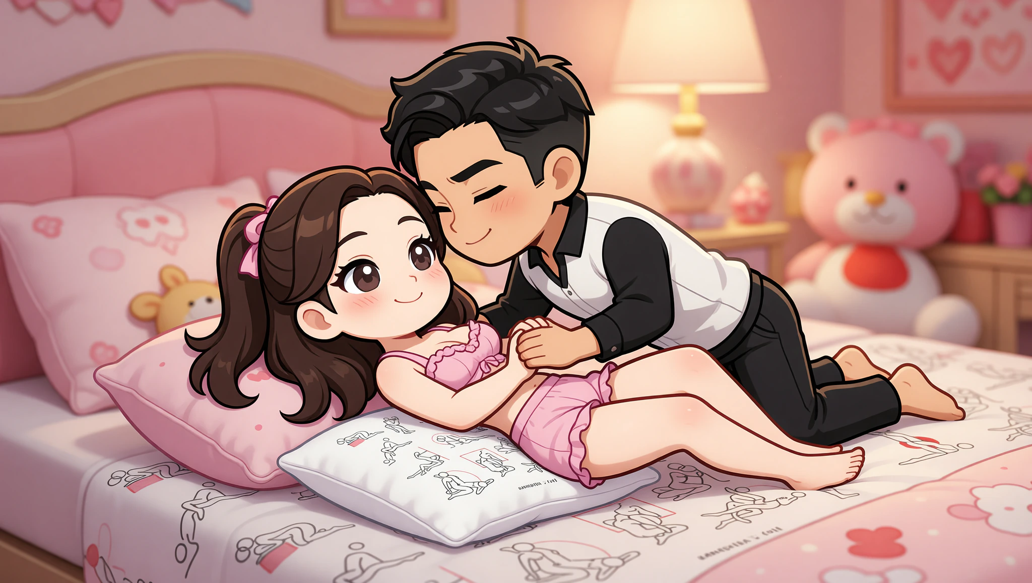 Pareja heterosexual disfrutando posición elevada con almohadas en un dormitorio acogedor lleno de decor apasionante.