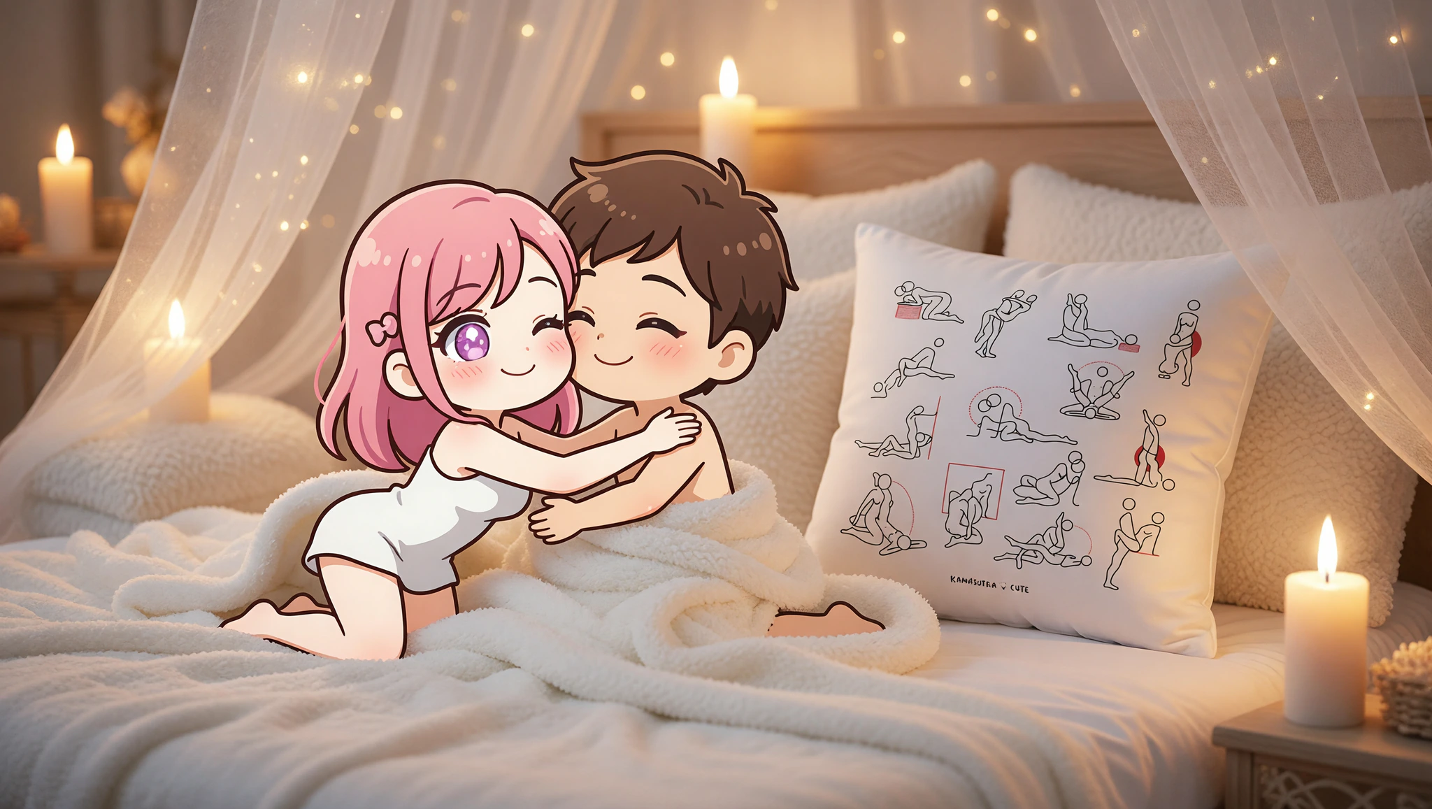 A man and woman passionately exploring a cozy cowgirl sex position surrounded by bedroom pillows and ambient lighting.