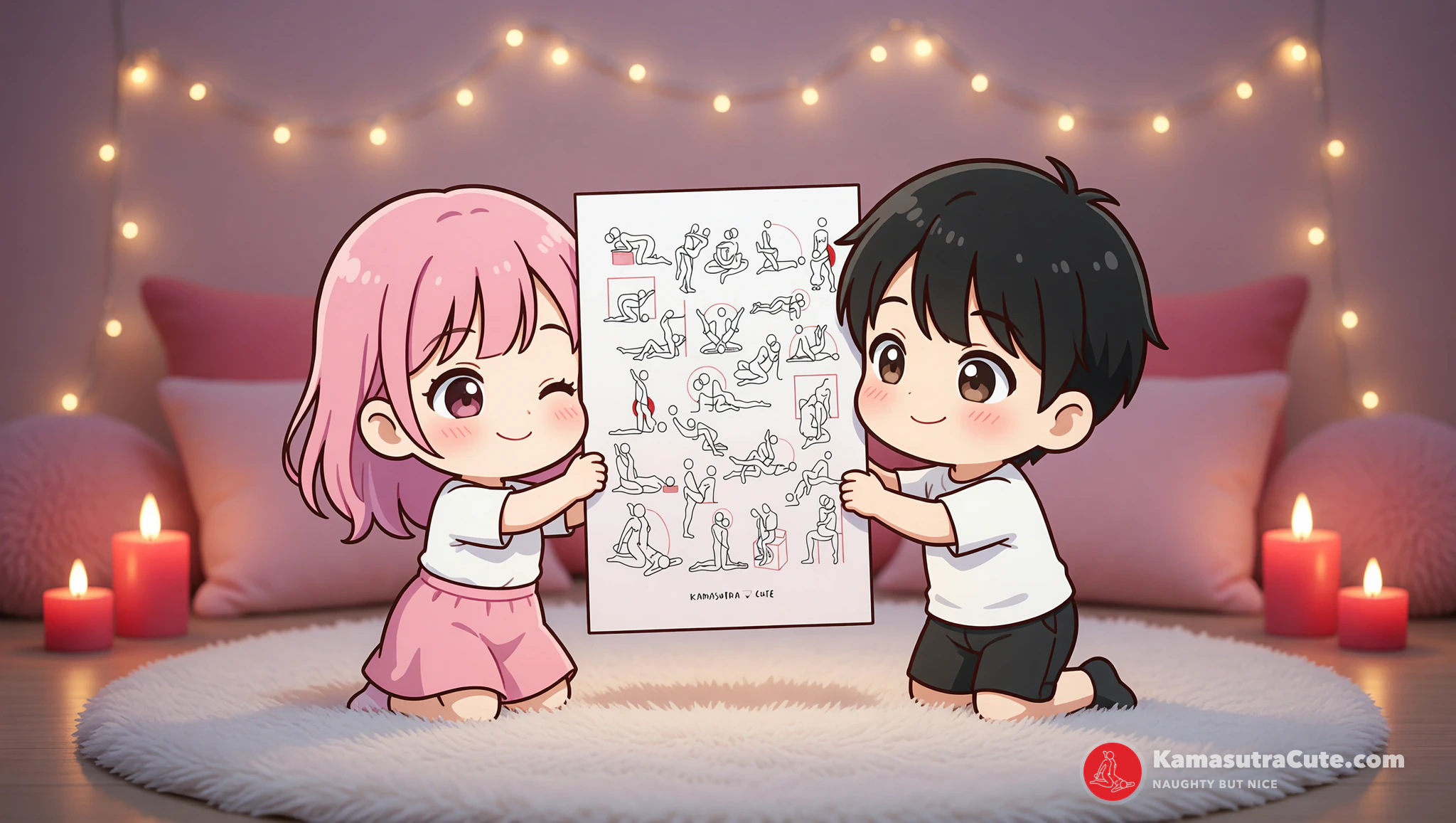 Woman glowing irresistibly in bedroom with sexy lighting hacks and Kamasutra Cute poster.