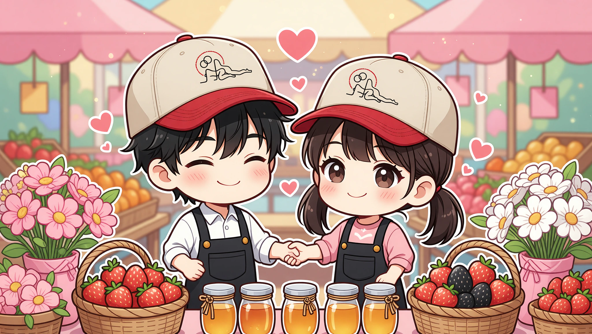 Chibi couple in cute caps enjoying farmers market date.