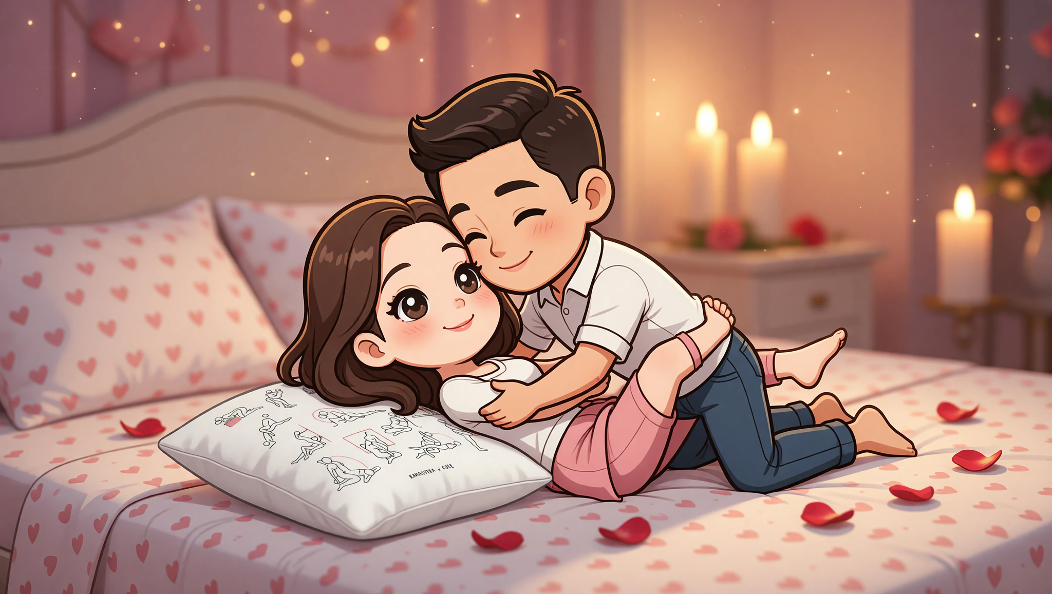 Loving couple exploring fiery anniversary missionary position with supportive pillow.