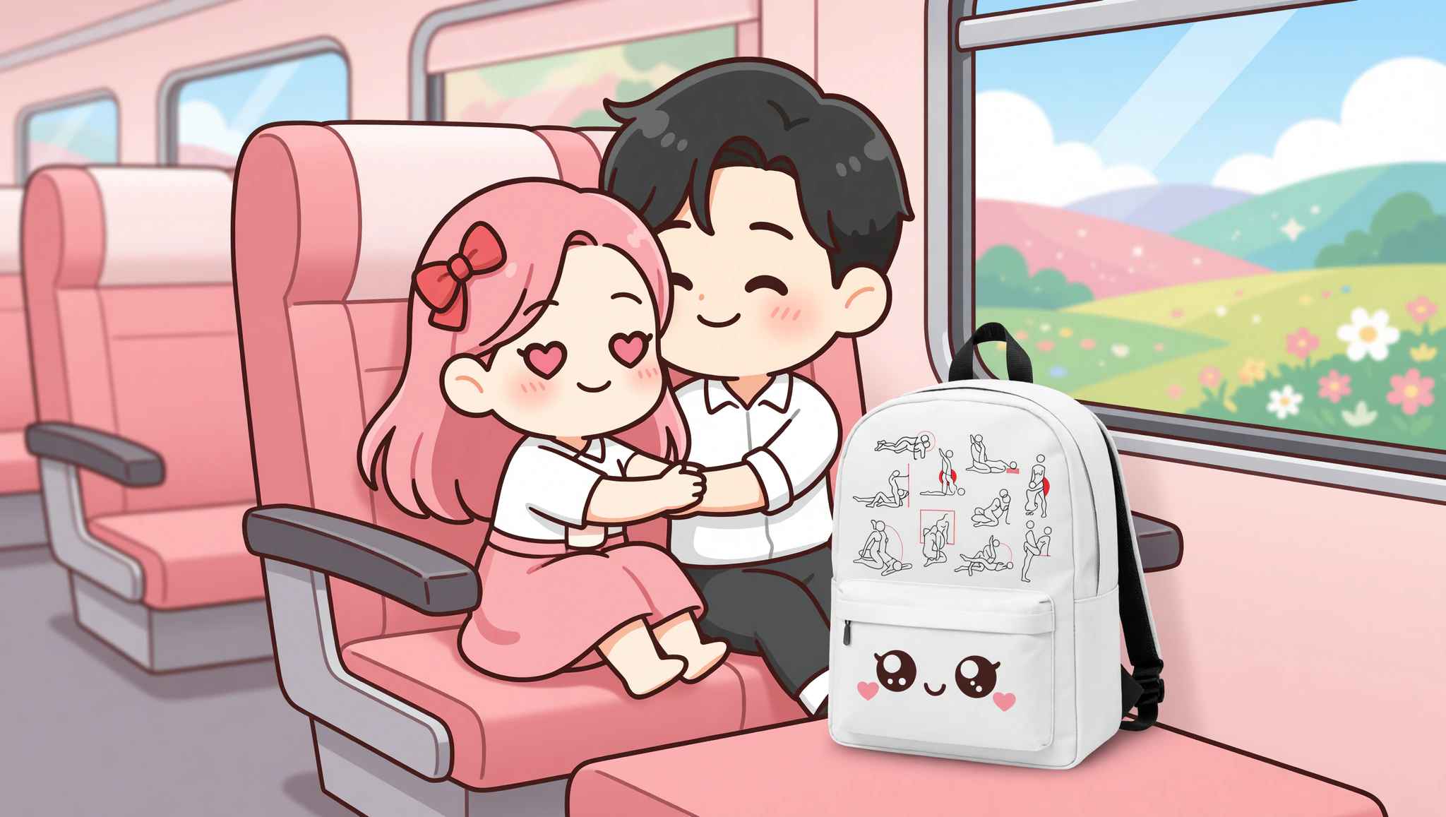Couple on steamy train date with backpack surprises