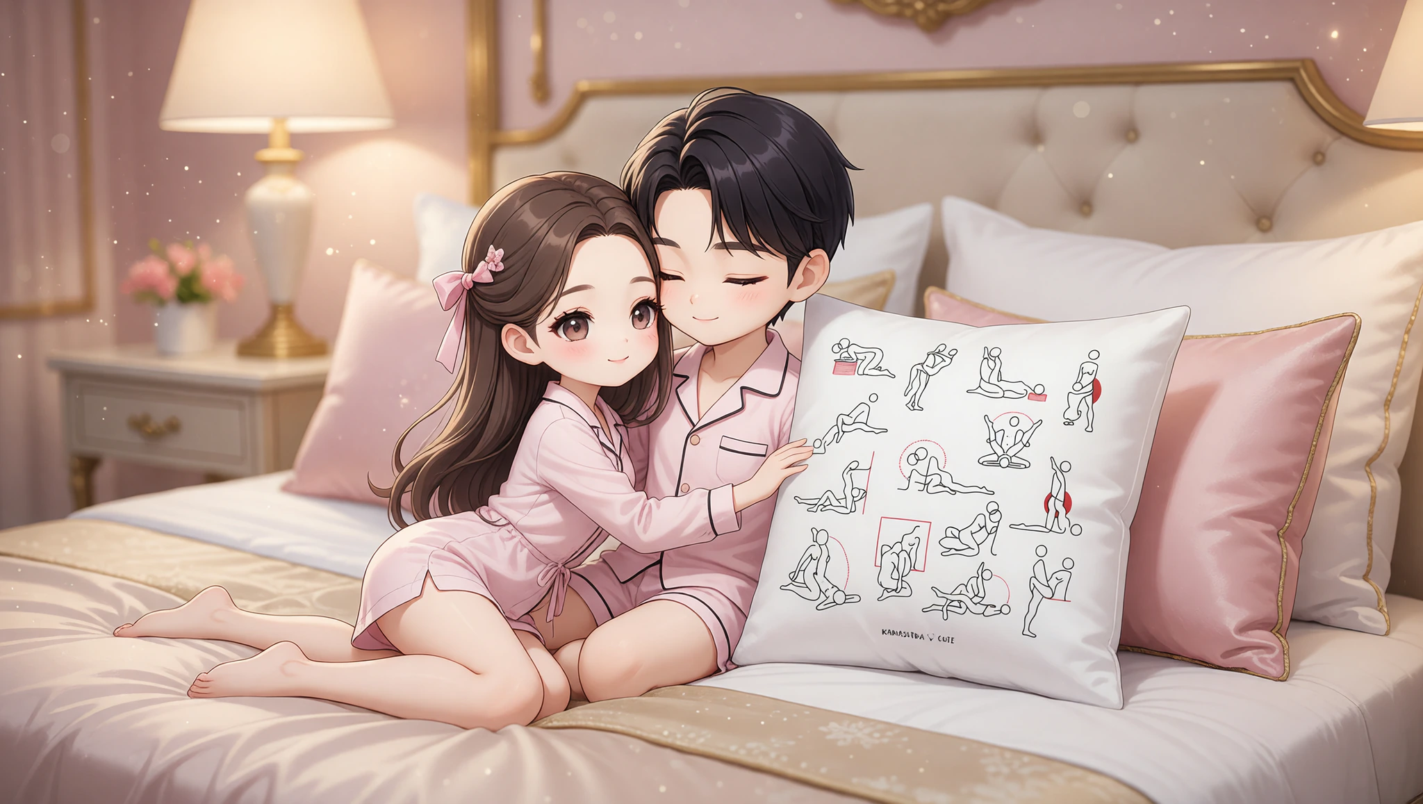 A man and woman in a decor-matched seductive embrace on a plush bed with artistic pillows.