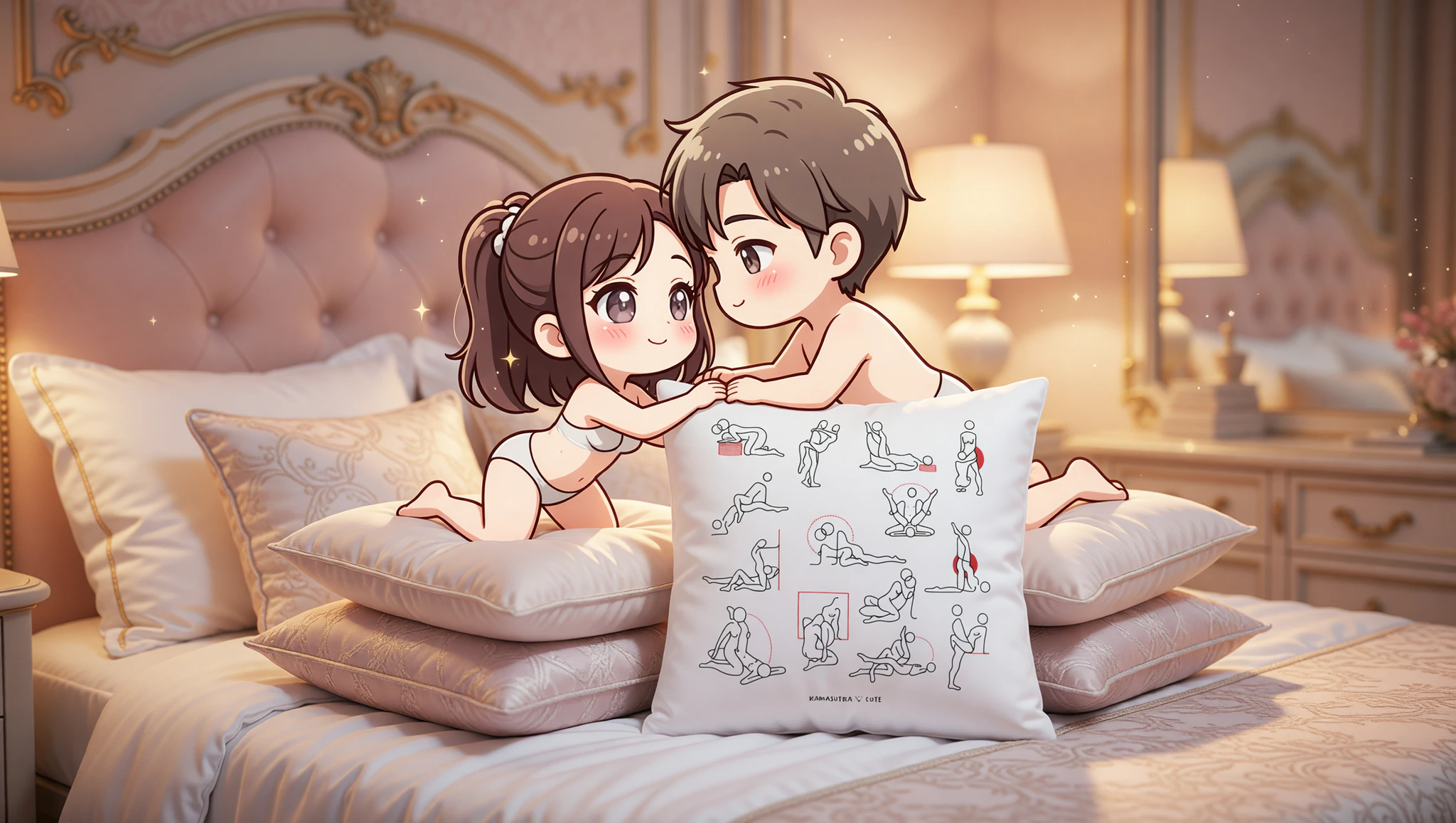 Heterosexual couple passionately exploring a decor-boosted bedroom sex position with pillows and headboard.