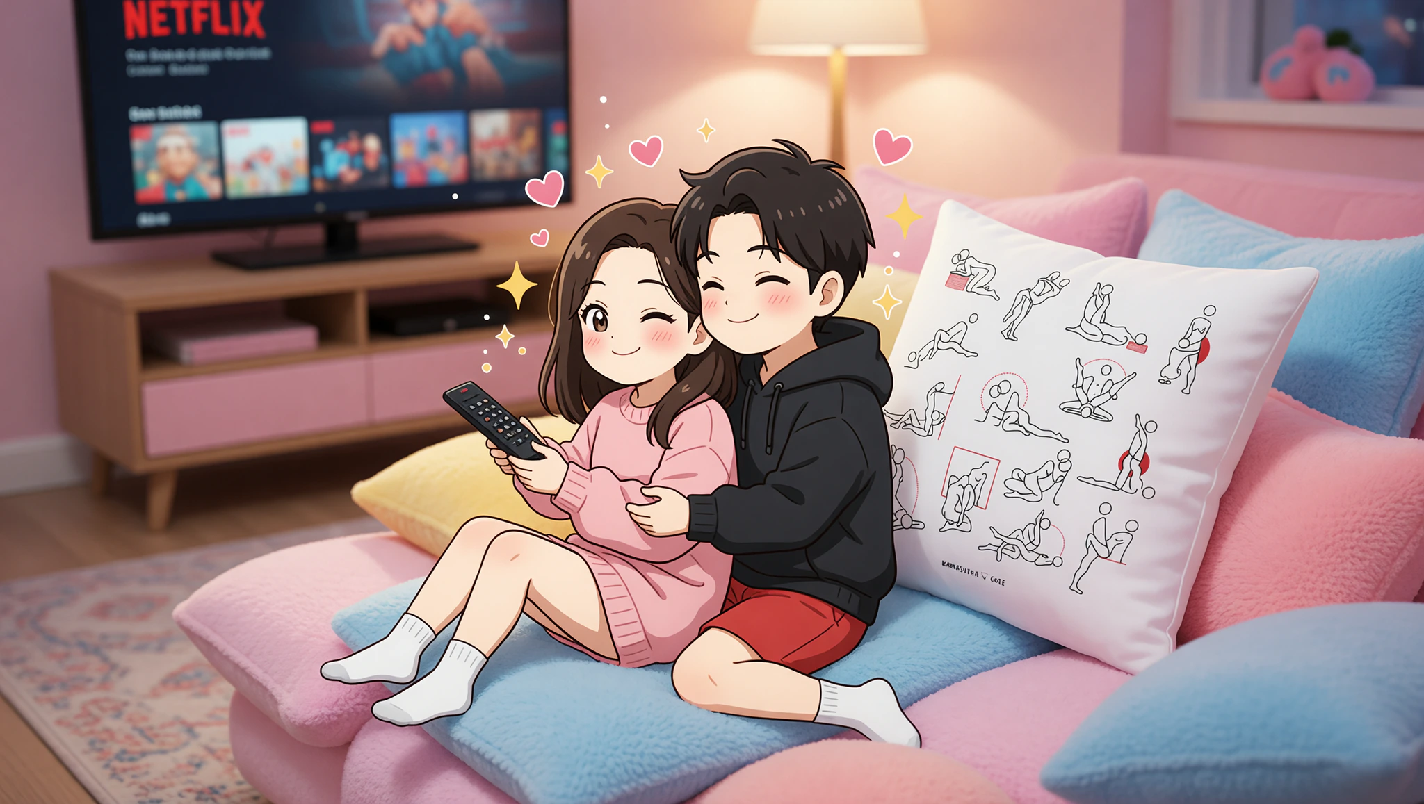 Couple cozy on pillows for Netflix and chill night.
