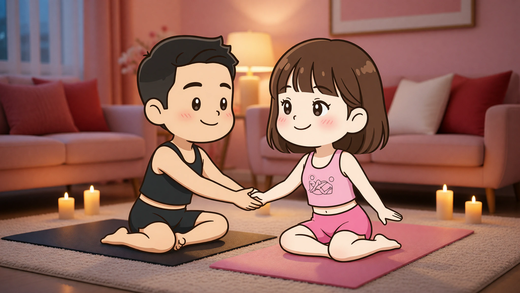 Couple enjoying candlelit pilates date night with her in cute crop top.