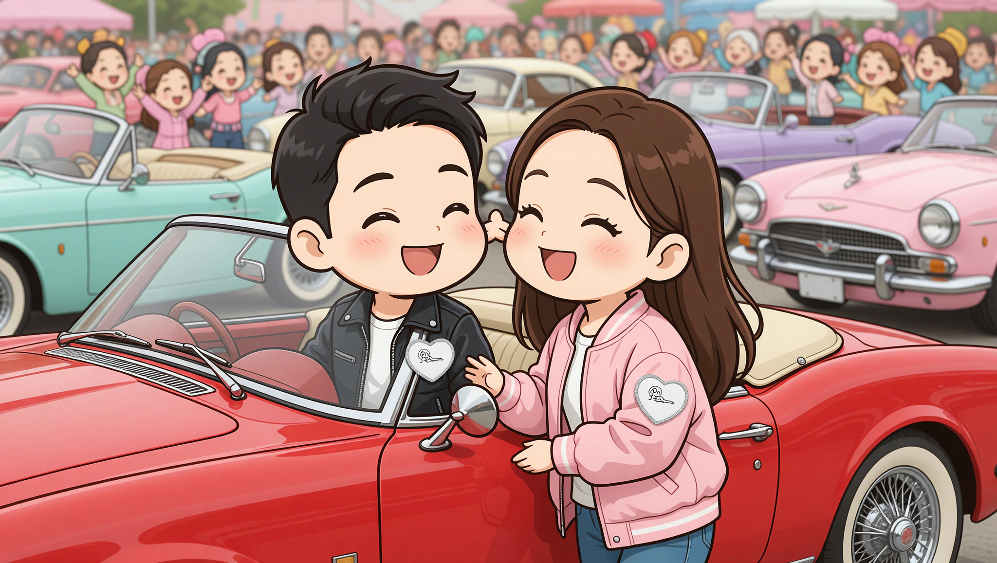Chibi couple in patched jackets at classic car show