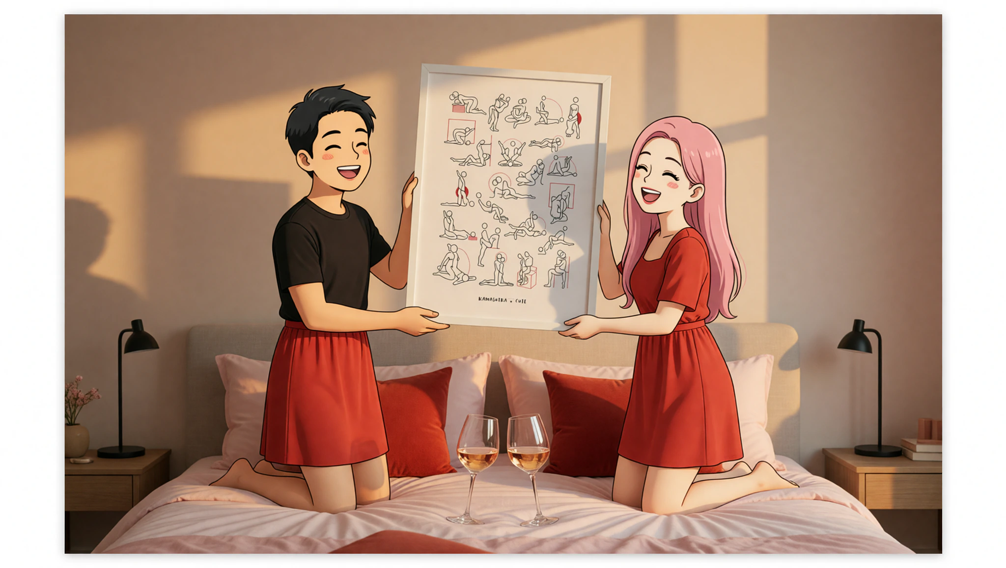 Couple installing Kamasutra Cute - Framed poster in new home for housewarming romance.
