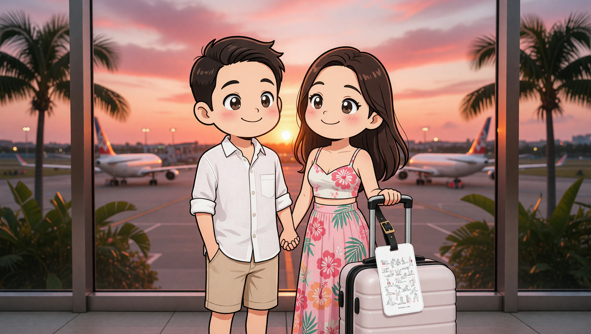 Couple flirting with Kamasutra Cute Luggage Tag on honeymoon prep date at airport.