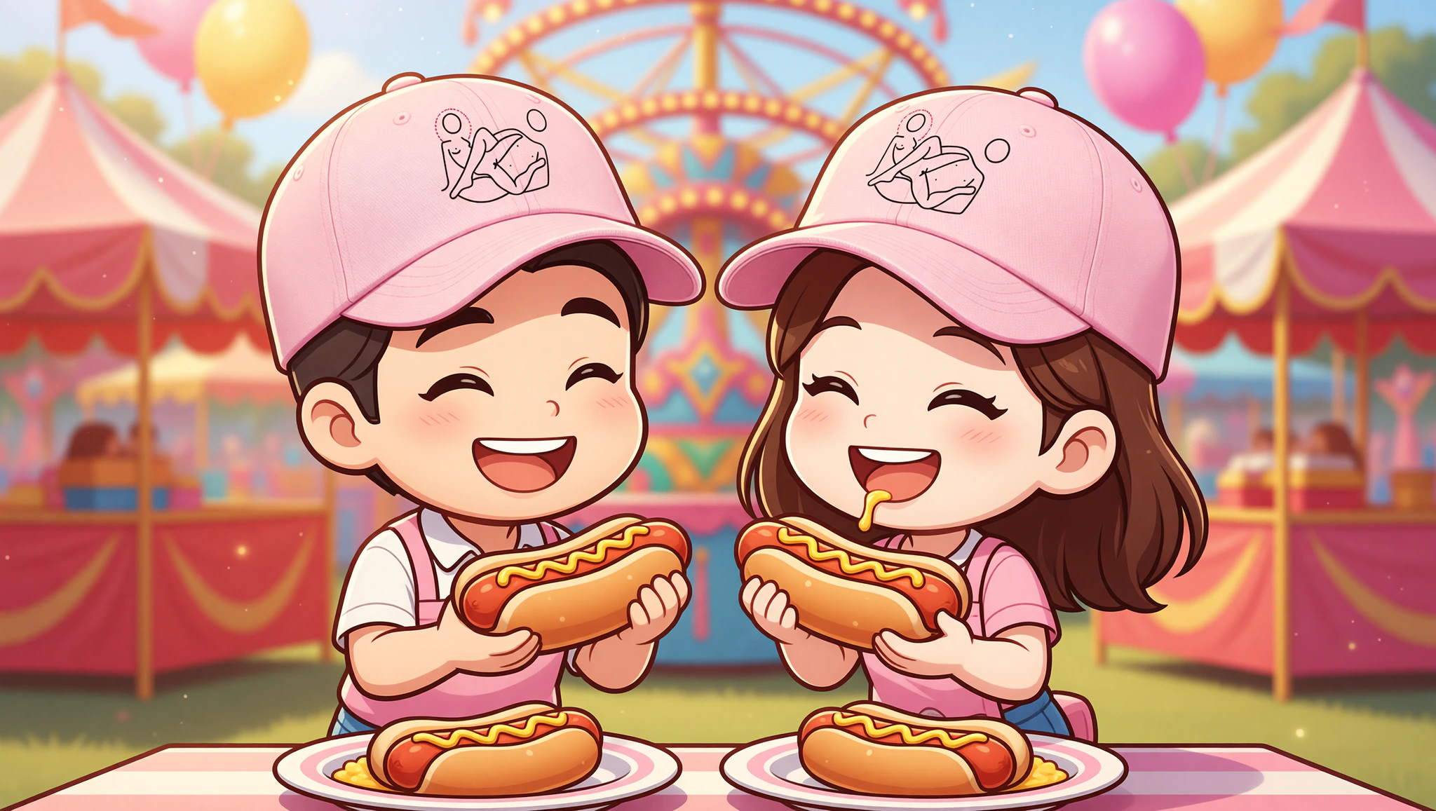 Couple in Kamasutra Cute pastel baseball hats enjoying hot dog contest challenge