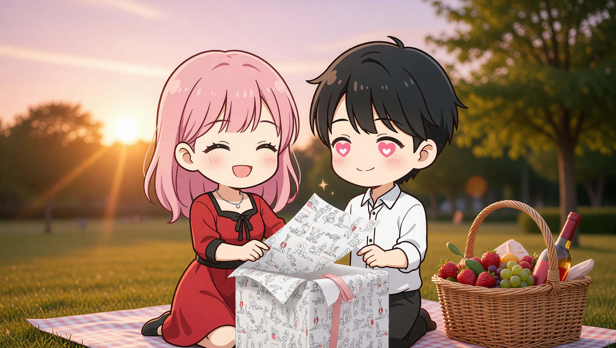 Couple enjoying sunset picnic unwrap of cute Kamasutra wrapping sheets