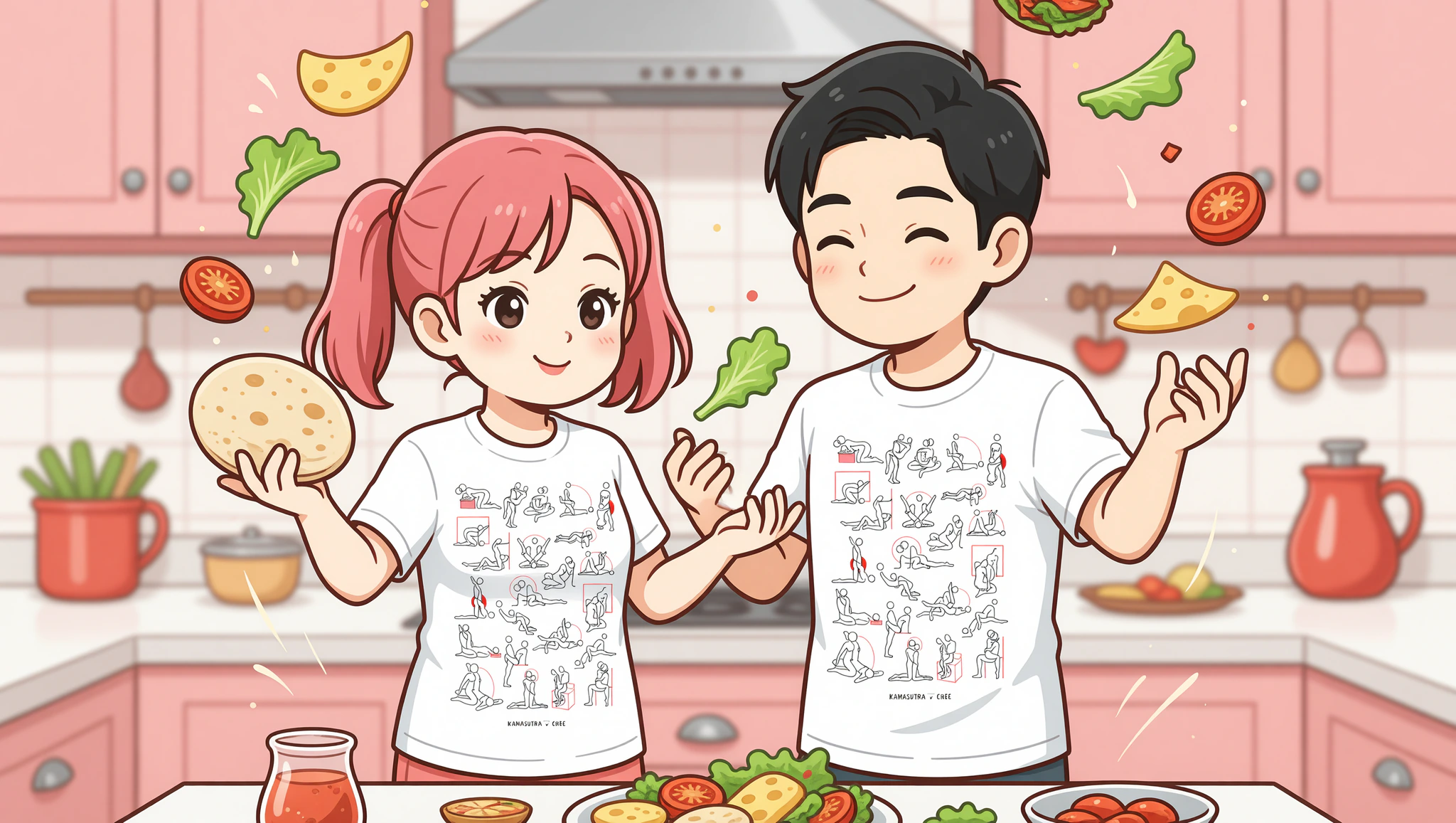 Chibi couple in Kamasutra cute t-shirts crafting tacos