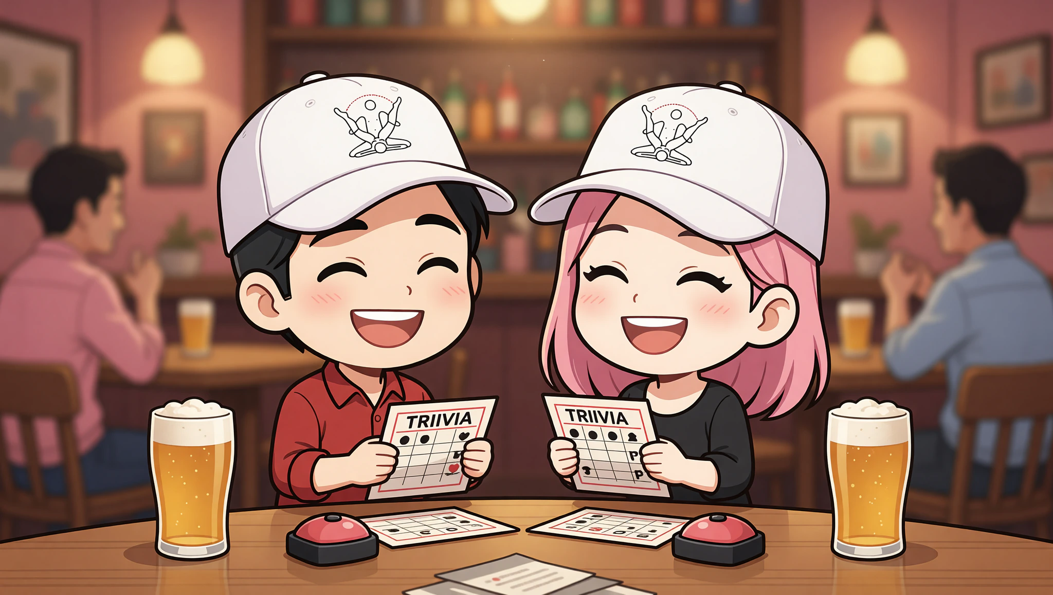 Couple rocking Kamasutra Cute dad hats on a fun trivia pub date