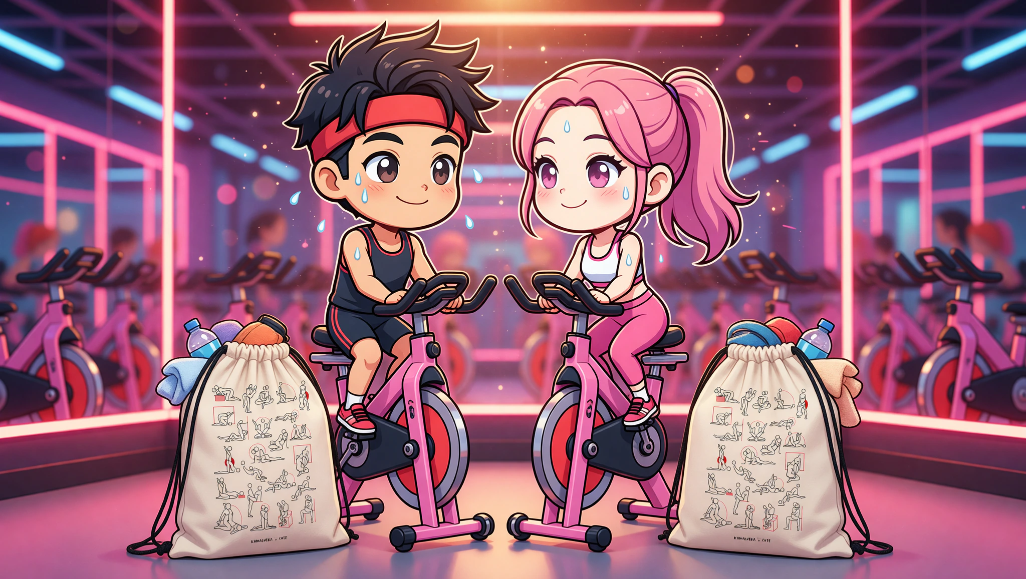 Couple on spin bikes during flirty date night, Kamasutra Cute drawstring bags ready.