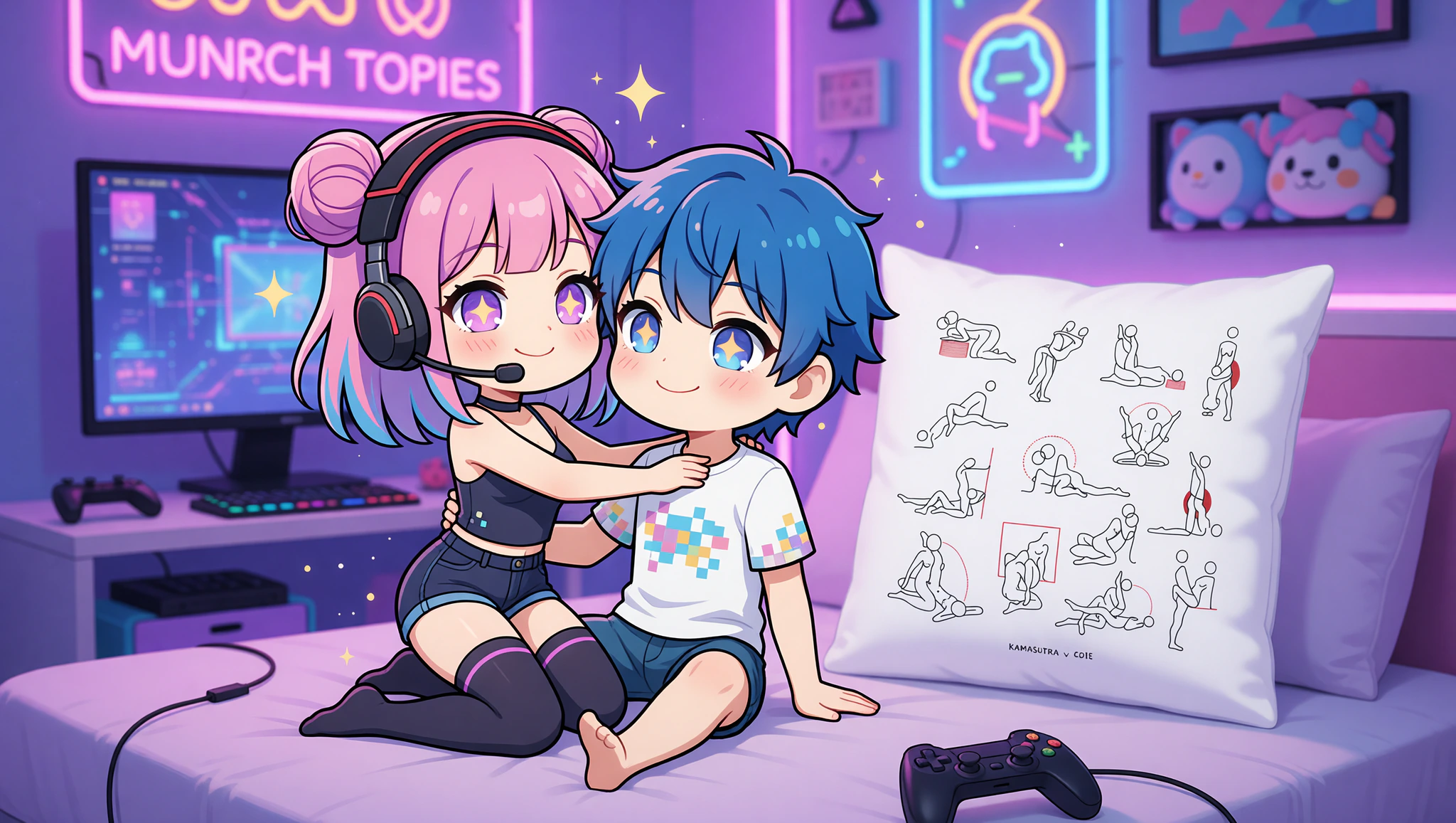 A flirty man and woman couple enjoying a gamer-inspired intimate position in their colorful bedroom.