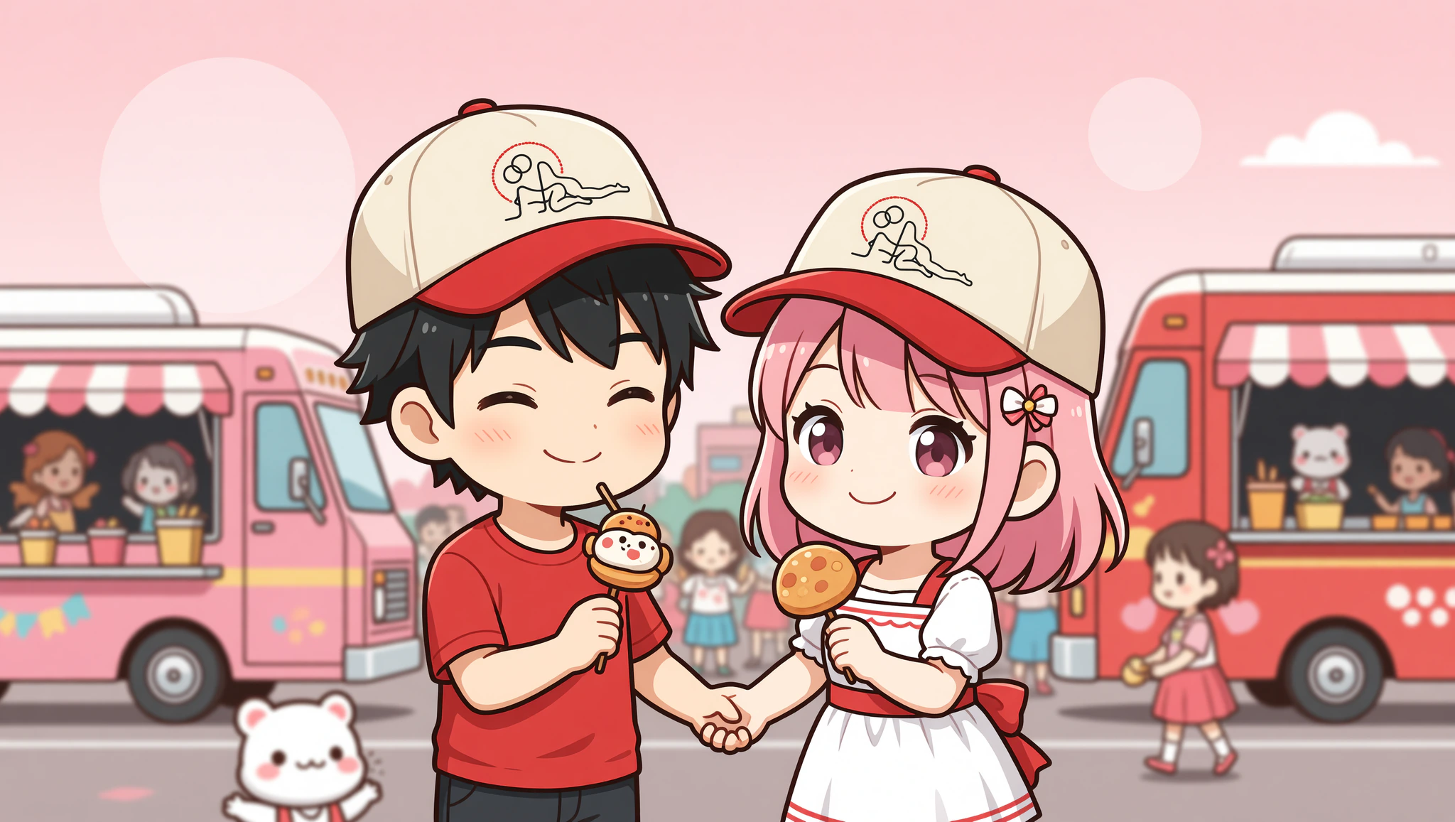 Chibi couple in Kamasutra 5-panel caps enjoying food truck rally date.