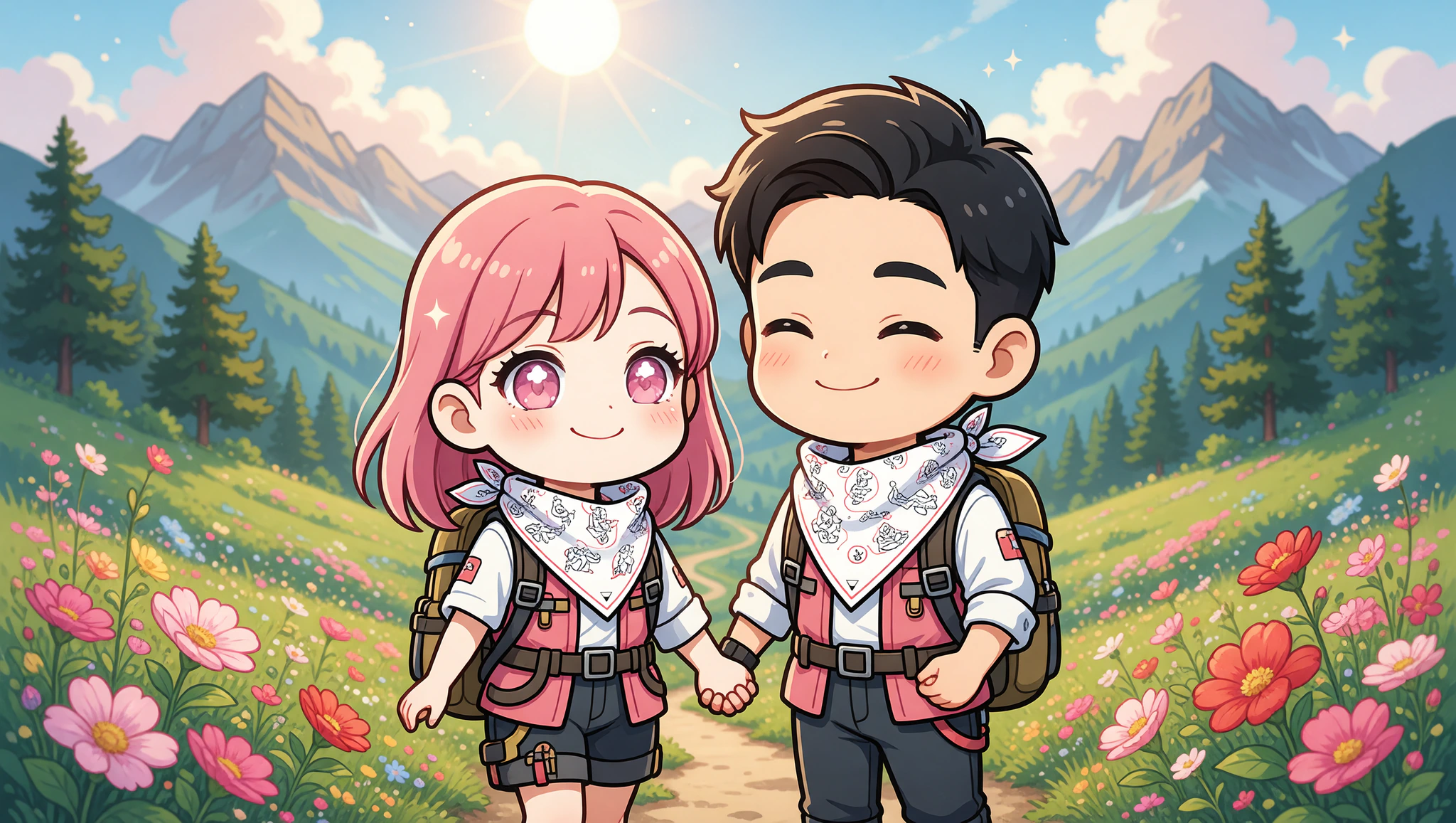 Chibi couple flirting on hiking trail with cute Kamasutra bandanas